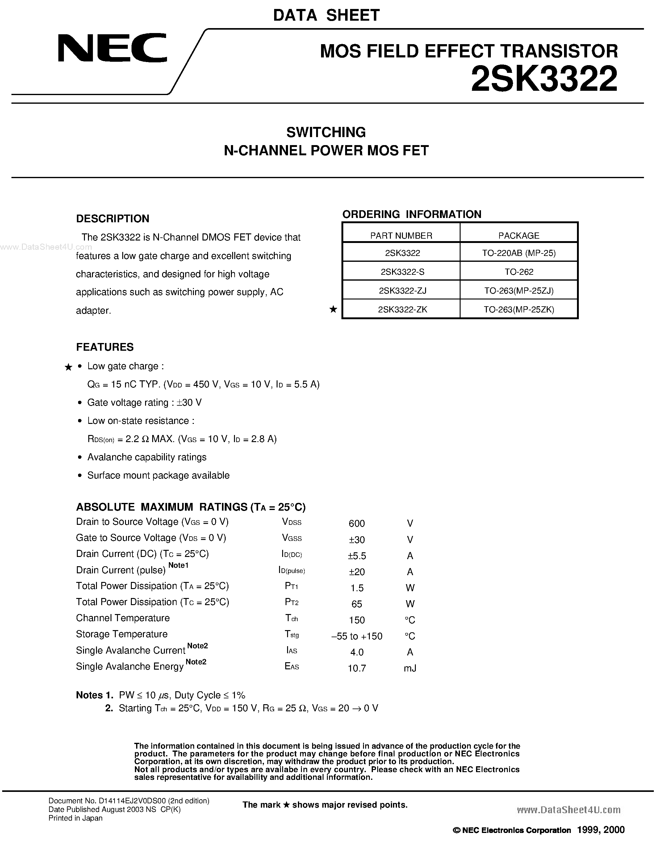 Datasheet 2SK3322 - SWITCHING N-CHANNEL POWER MOSFET page 1