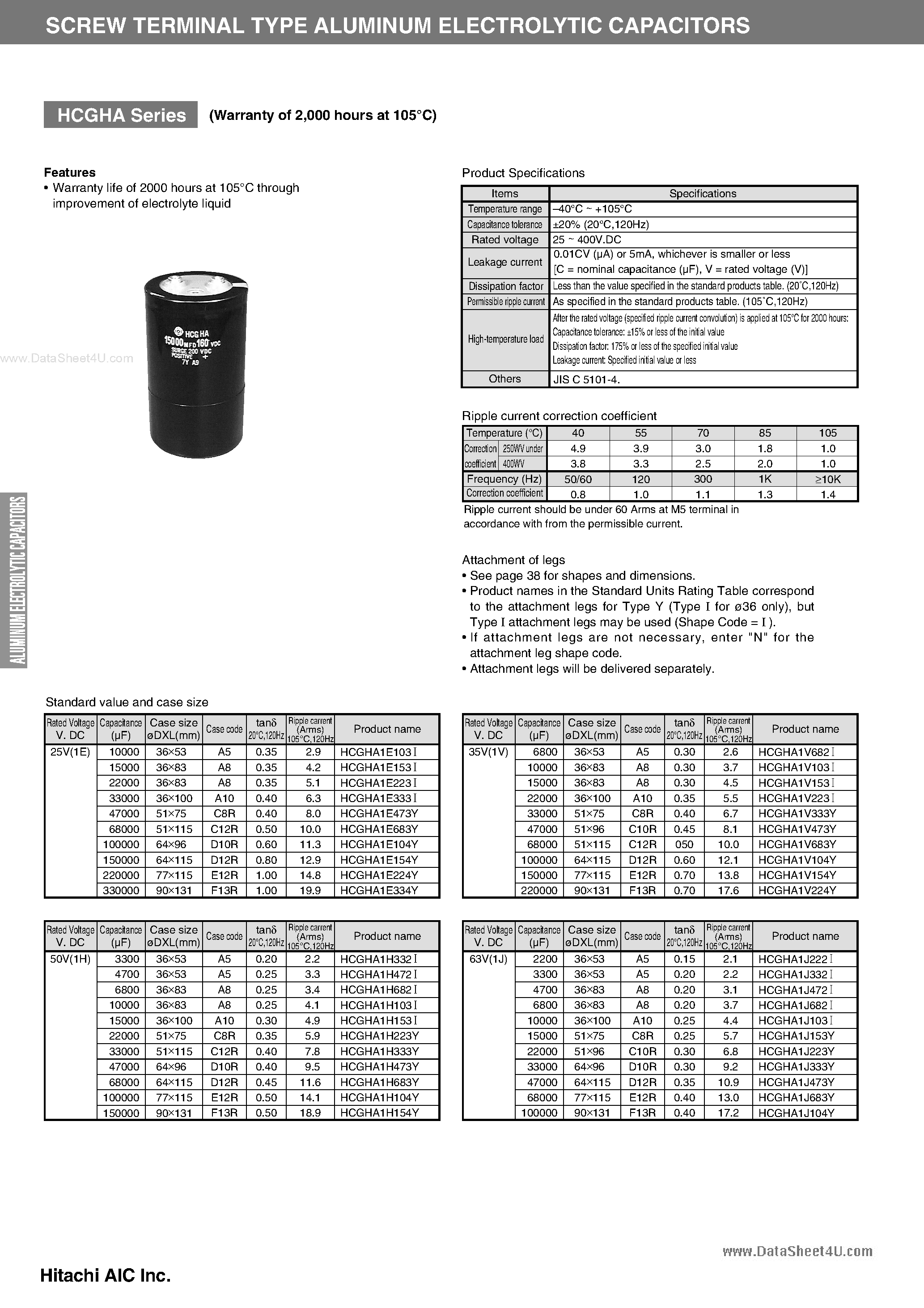 Datasheet HCGHA1 - SCREW TERMINAL TYPE ALUMINUM ELECTROLYTIC CAPACITORS page 1