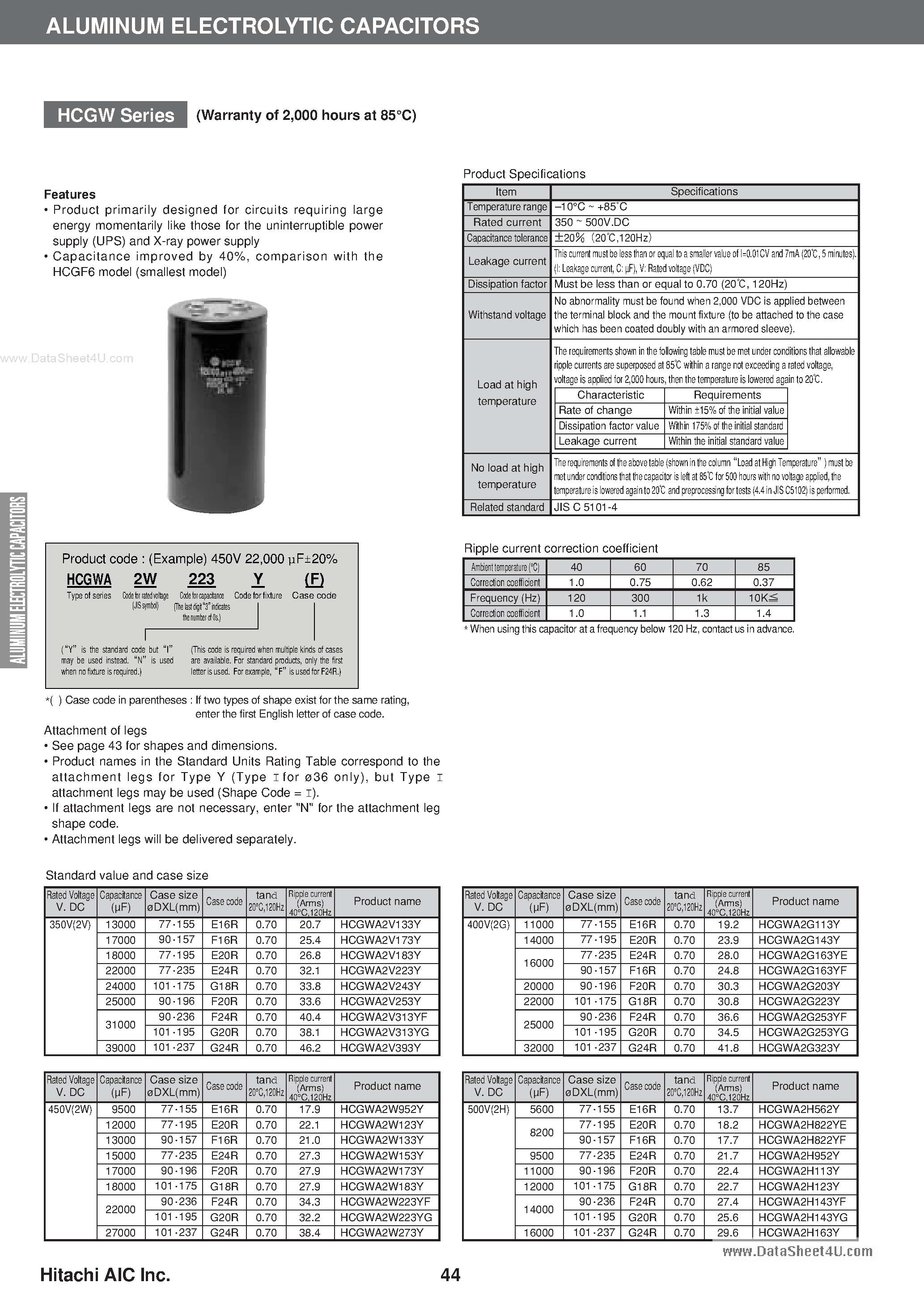 Datasheet HCGW - SCREW TERMINAL TYPE ALUMINUM ELECTROLYTIC CAPACITORS page 1