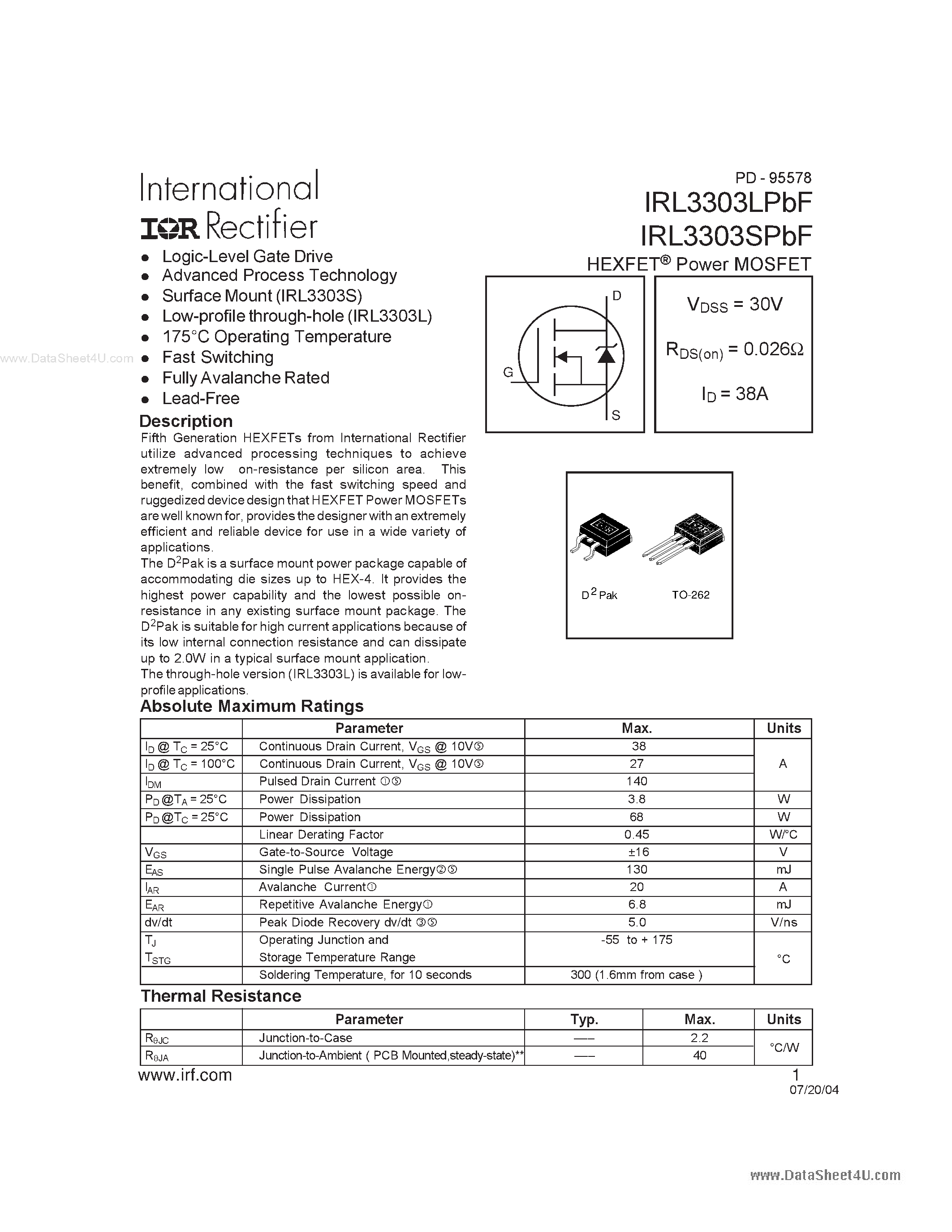 Datasheet IRL3303LPBF - Power MOSFET page 1