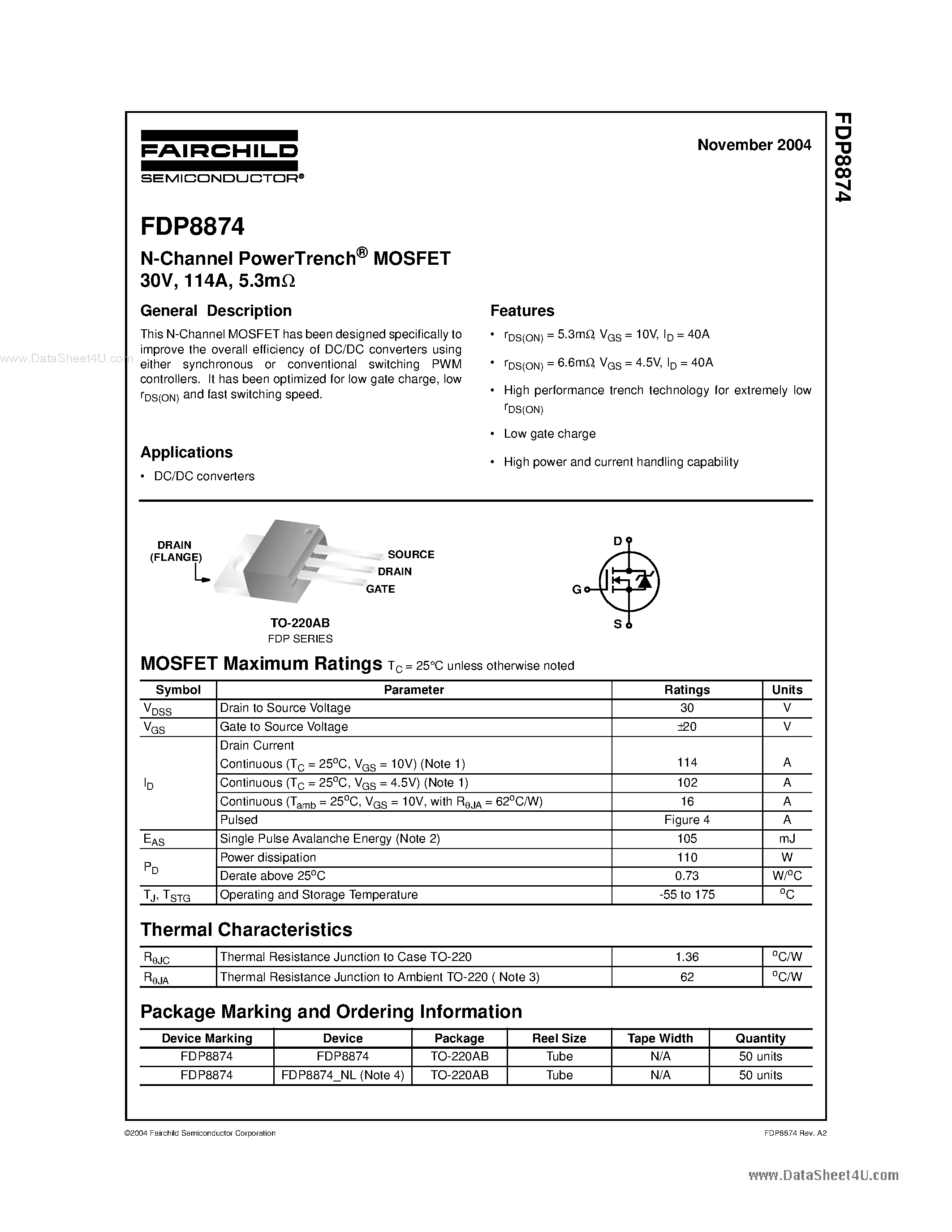 Datasheet FDP8874 - N-Channel PowerTrench MOSFET page 1