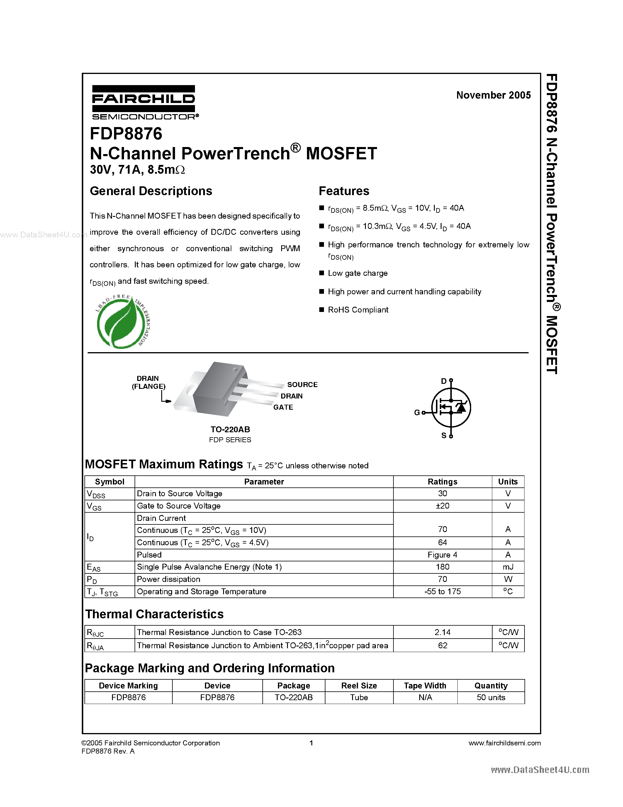 Datasheet FDP8876 - N-Channel PowerTrench MOSFET page 1