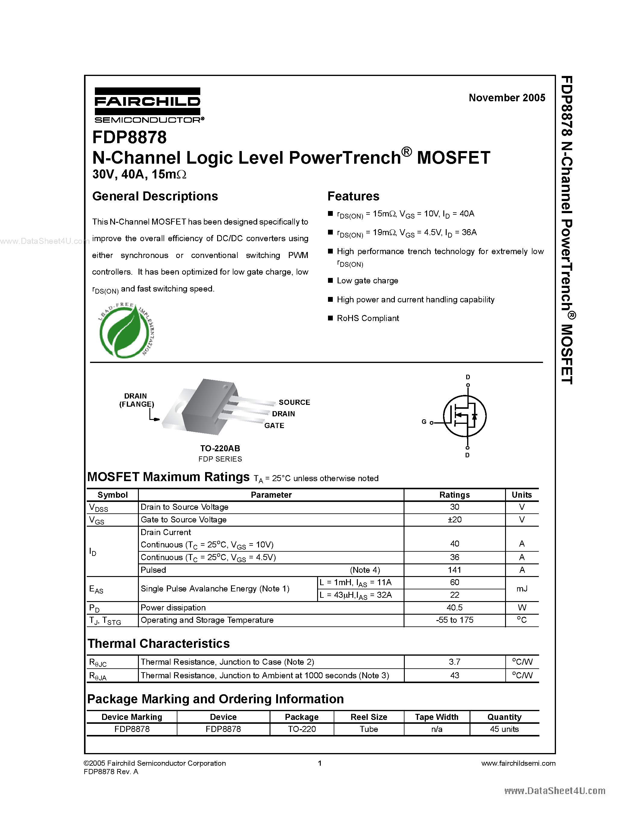 Datasheet FDP8878 - N-Channel Logic Level PowerTrench MOSFET page 1