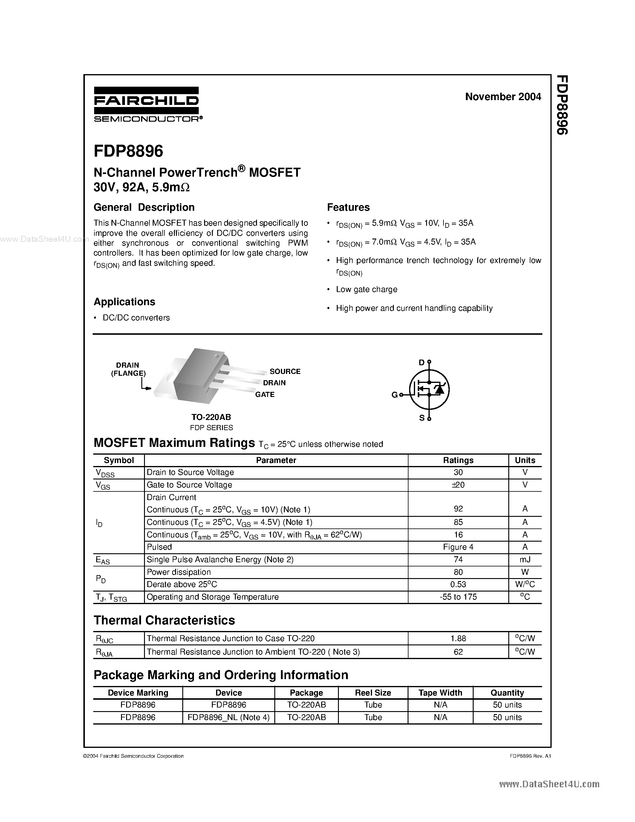Datasheet FDP8896 - N-Channel PowerTrench MOSFET page 1