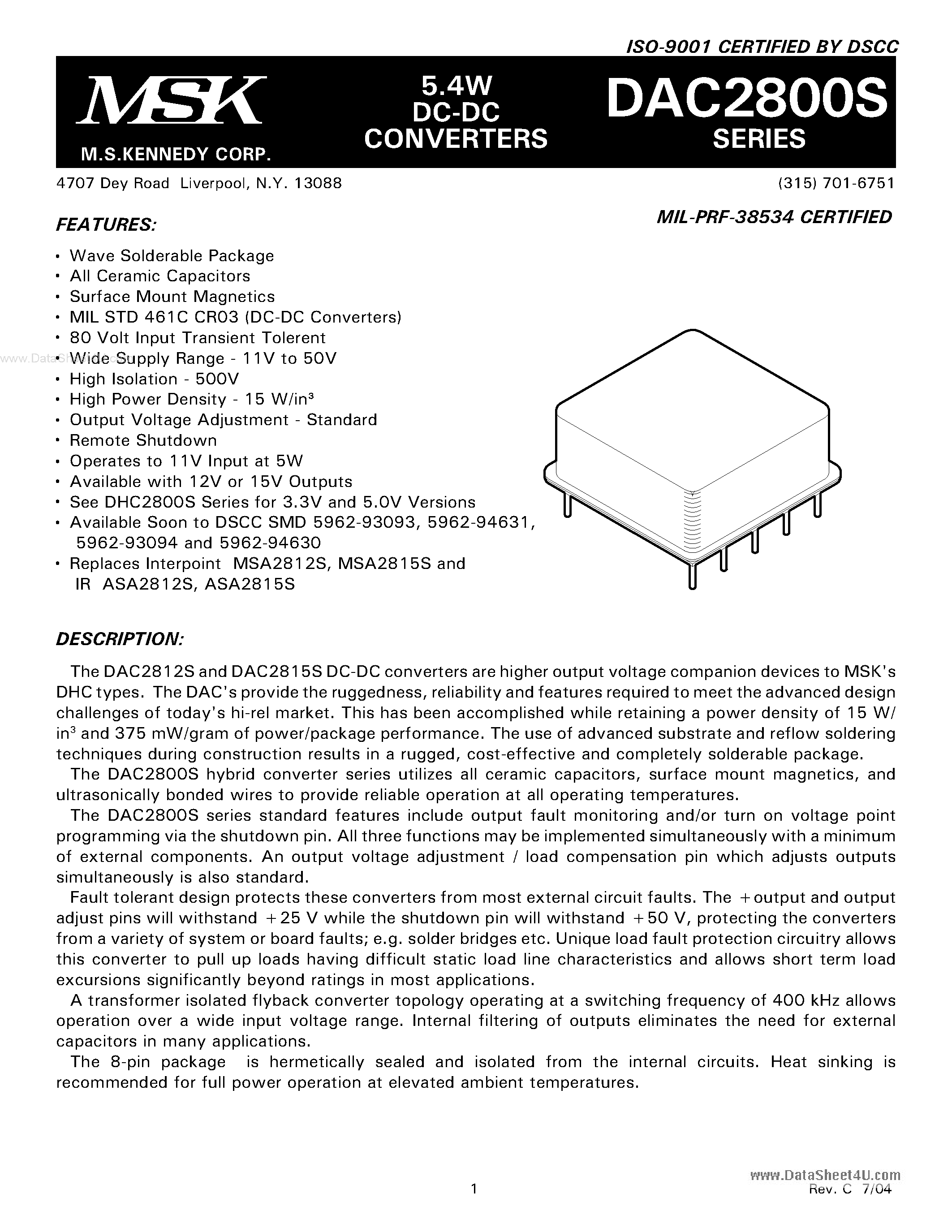 Datasheet DAC2800S page 1 Datasheet DAC2800S - 5.4W DC-DC CONVERTERS page 1