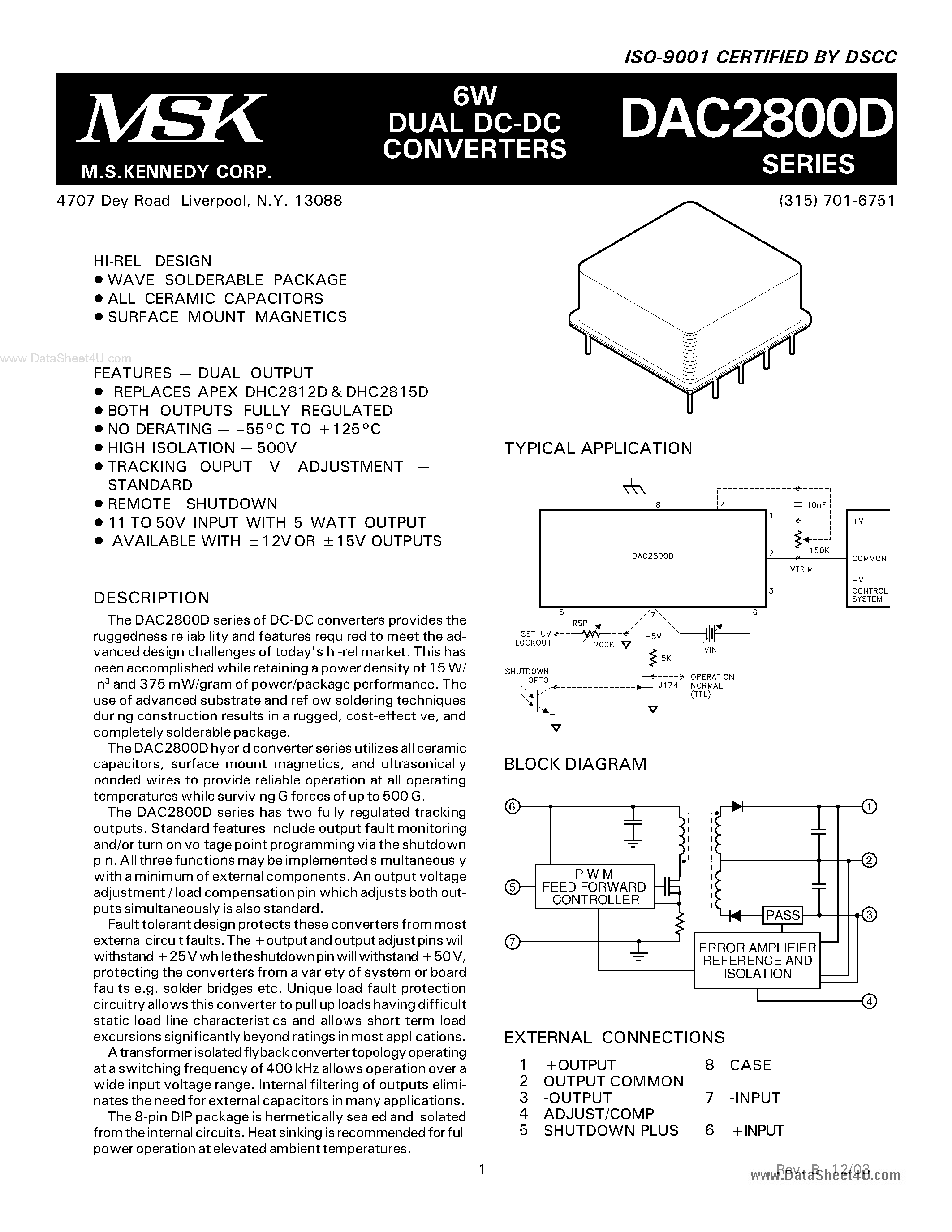 Datasheet DAC2800D - 6W DUAL DC - DC CONVERTERS page 1