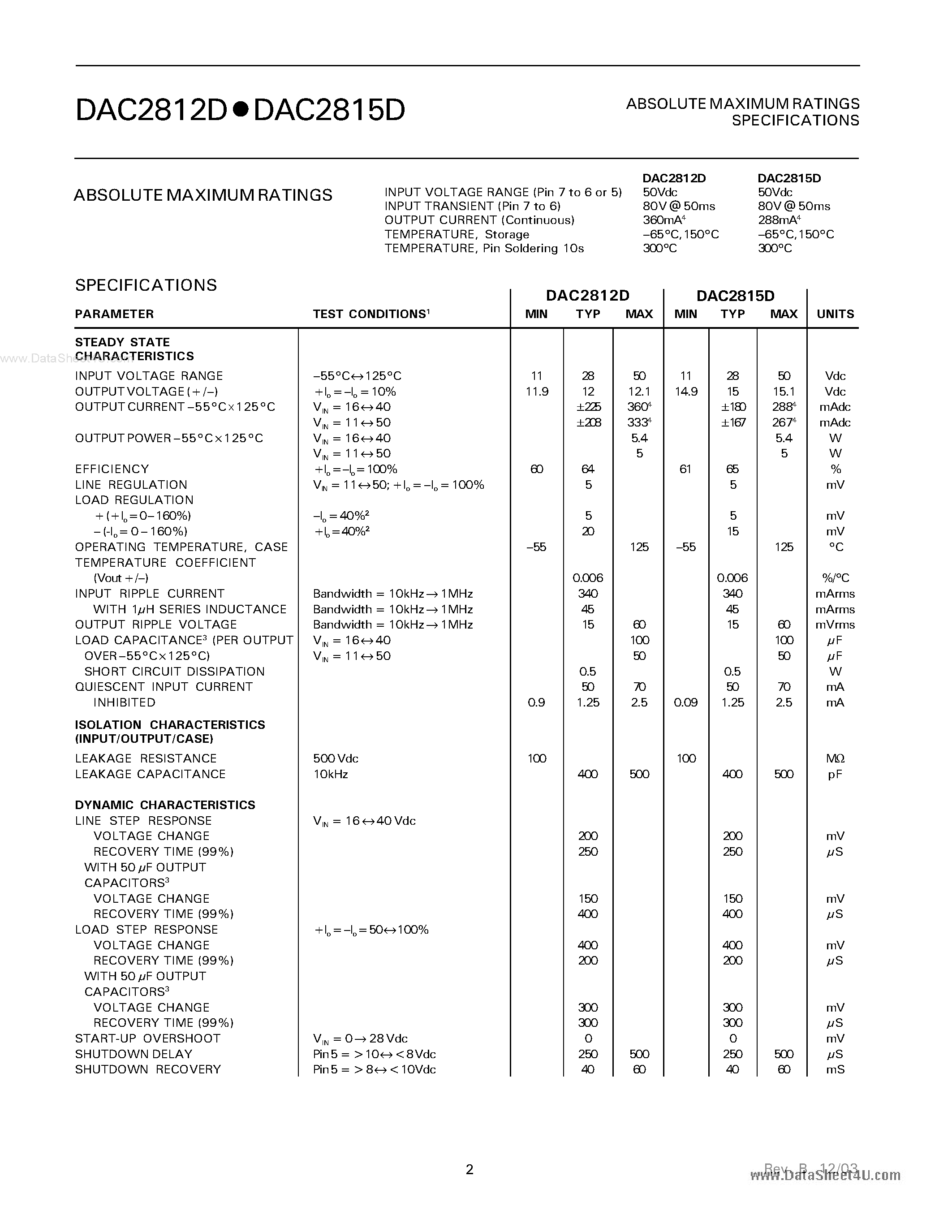 Datasheet DAC2800D - 6W DUAL DC - DC CONVERTERS page 2