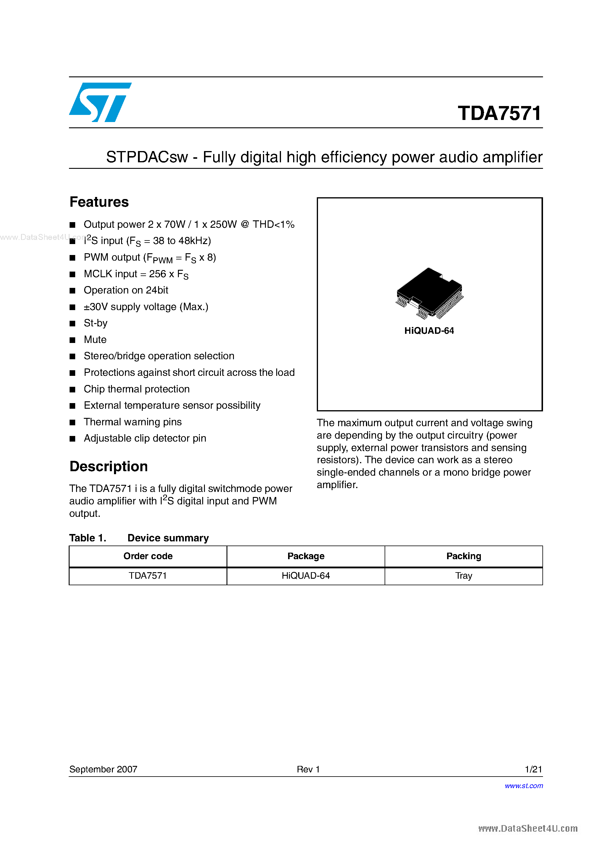 Даташит TDA7571 - STPDACsw - Fully digital high efficiency power audio amplifier страница 1