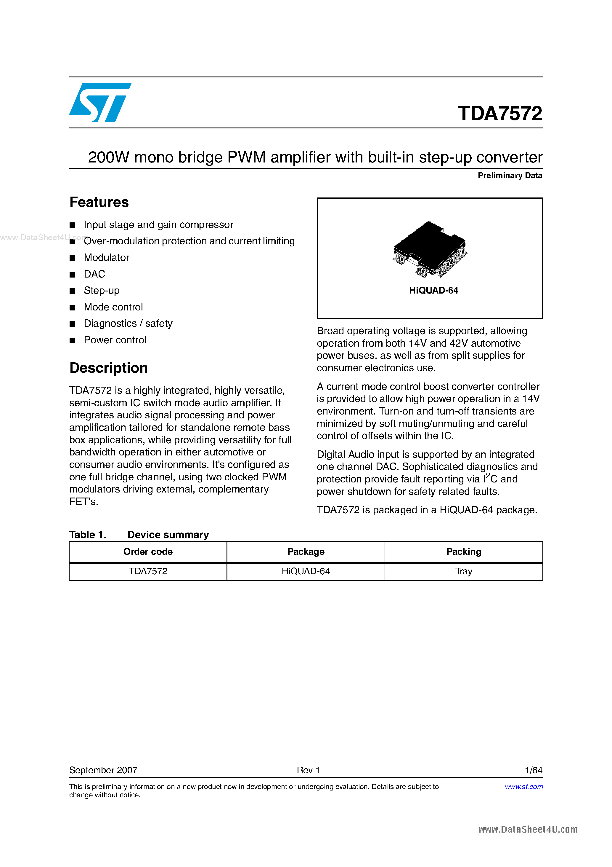 Datasheet TDA7572 - 200W mono bridge PWM amplifier page 1