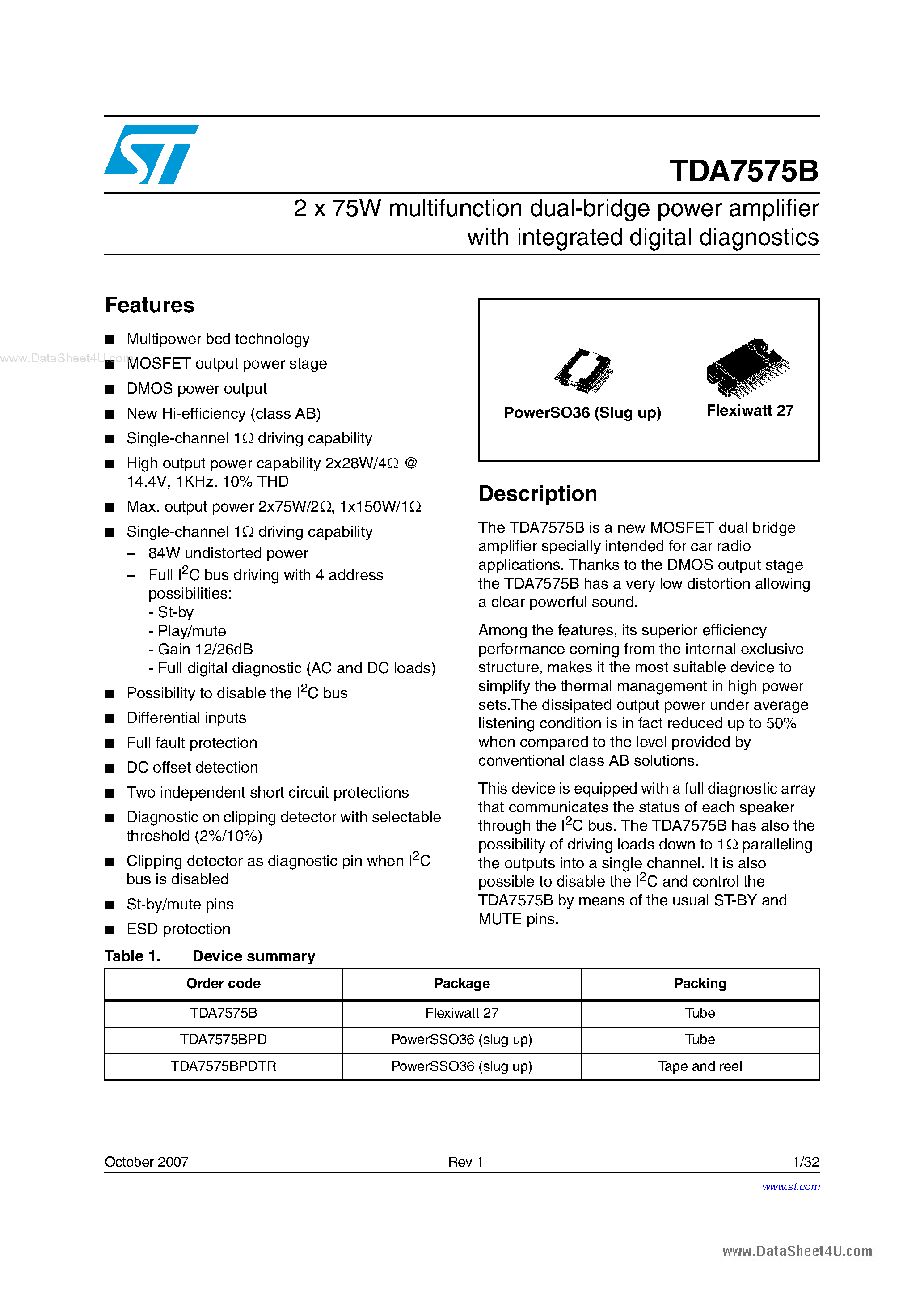 Даташит на микросхему TDA7575B страница 1 Даташит TDA7575B - 2 x 75W multifunction dual-bridge power amplifier страница 1