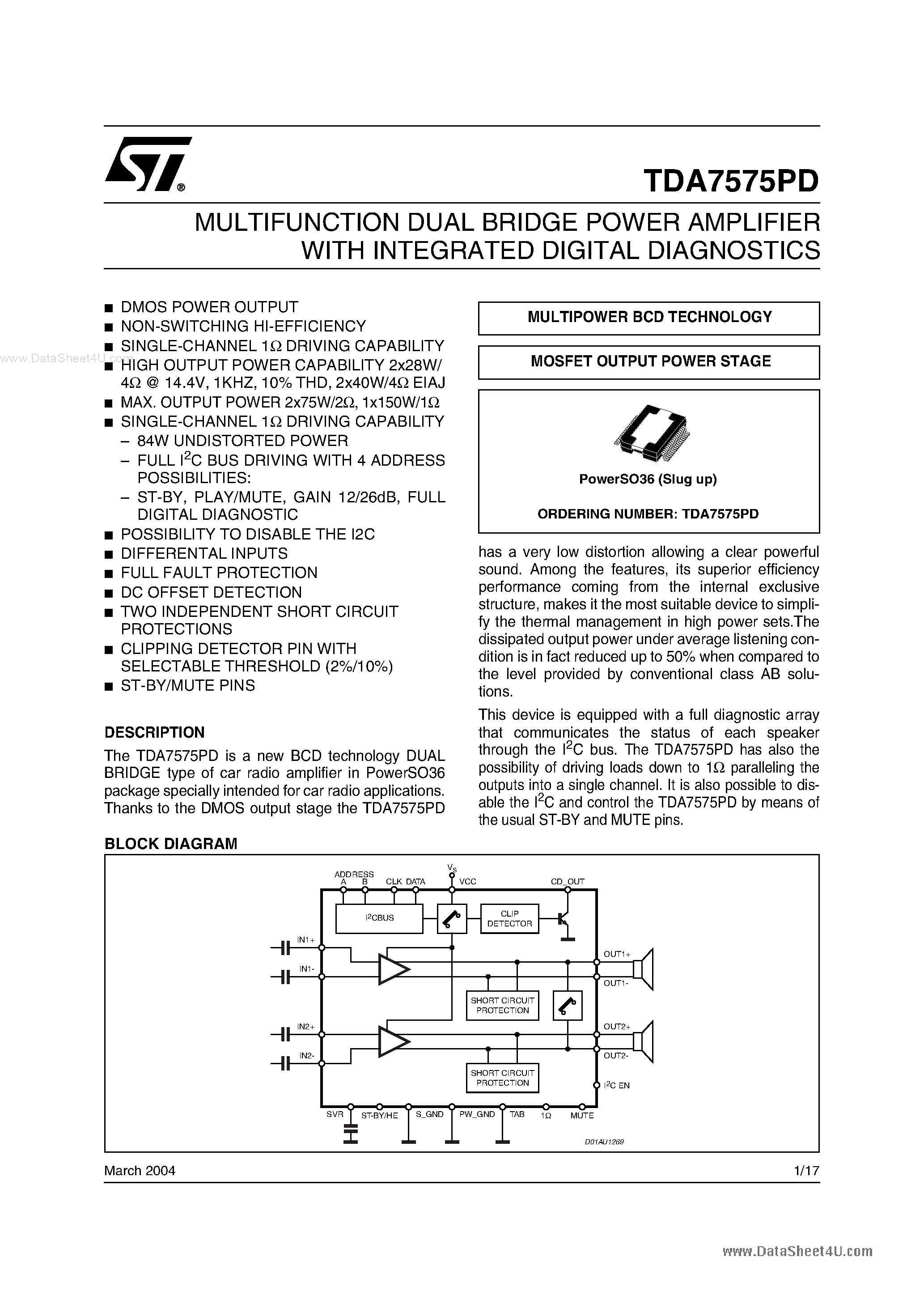 Datasheet TDA7575PD - MULTIFUNCTION DUAL BRIDGE POWER AMPLIFIER page 1