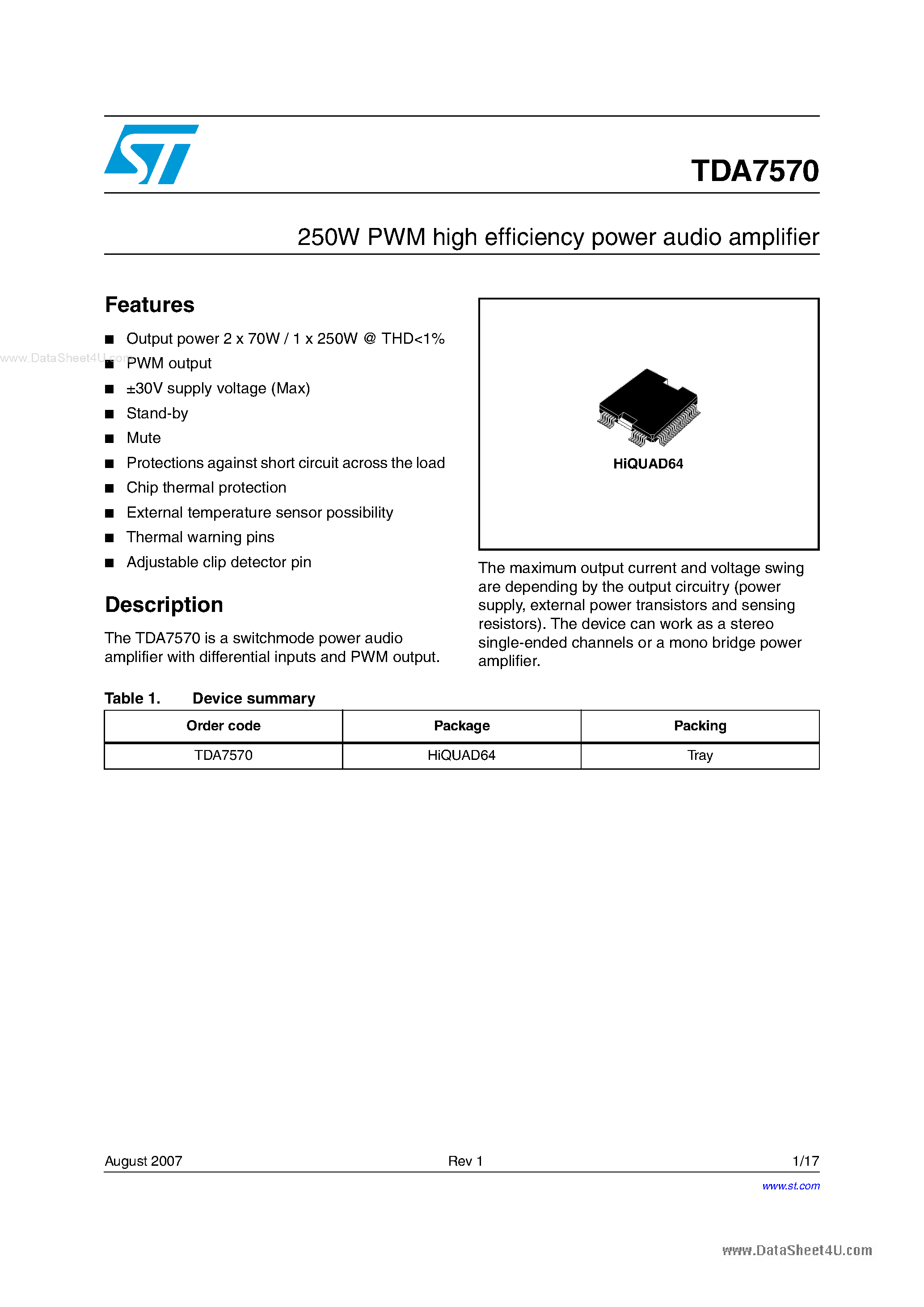 Datasheet TDA7570 page 1 Datasheet TDA7570 - 250W PWM High Efficiency Power Audio Amplifier page 1