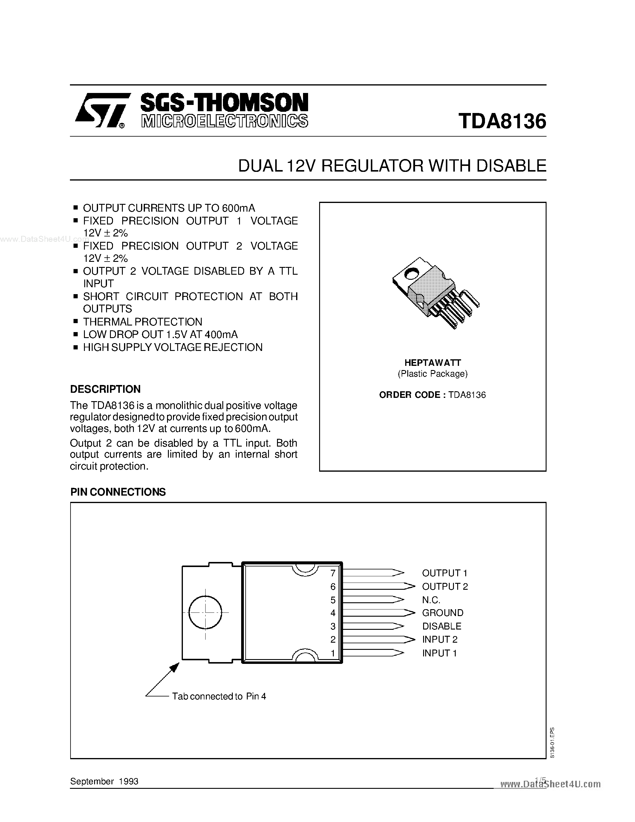 Даташит TDA8136 - DUAL 12V REGULATOR страница 1