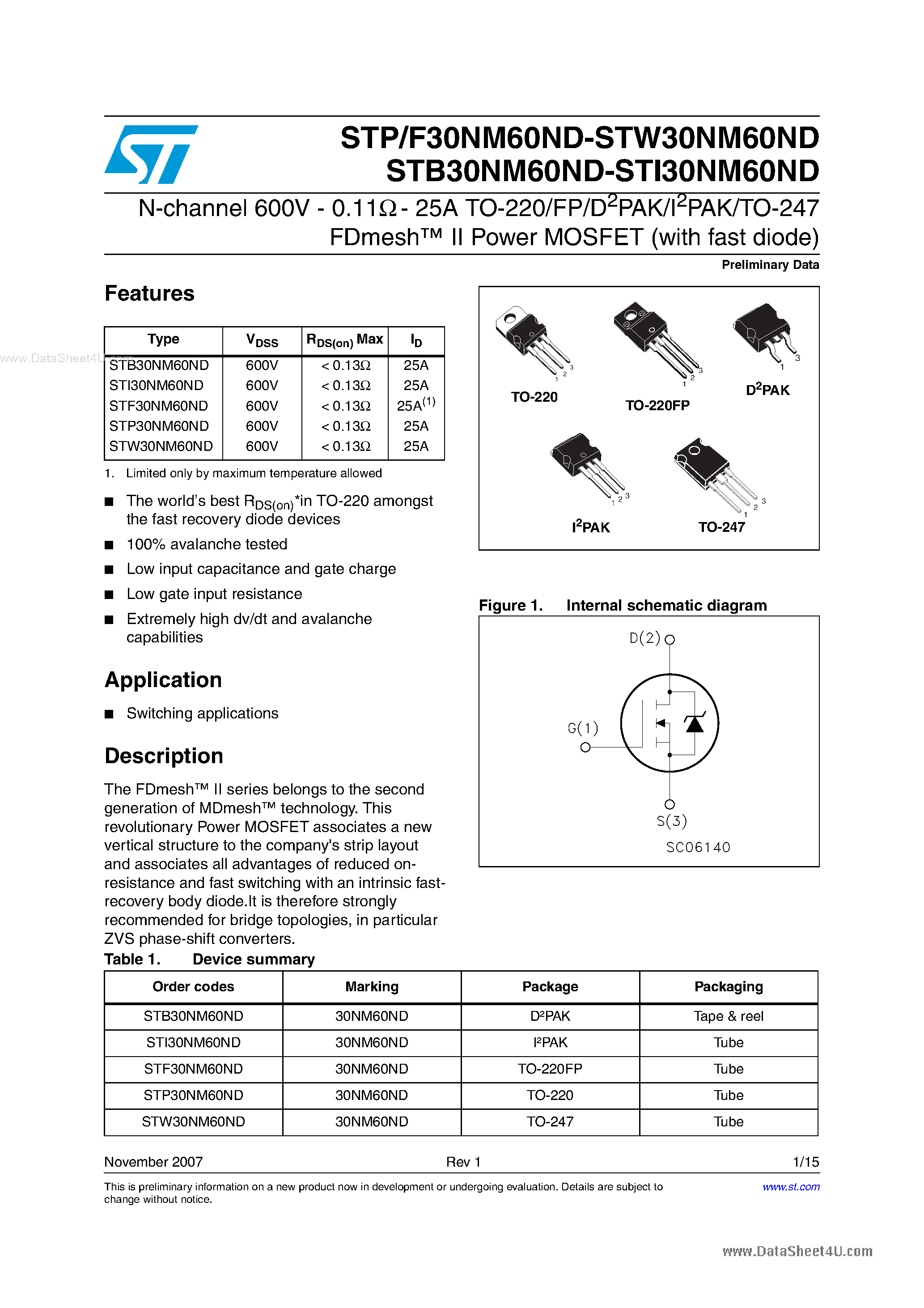 Datasheet STI30NM60ND page 1 Datasheet STI30NM60ND - N-channel Power MOSFET page 1