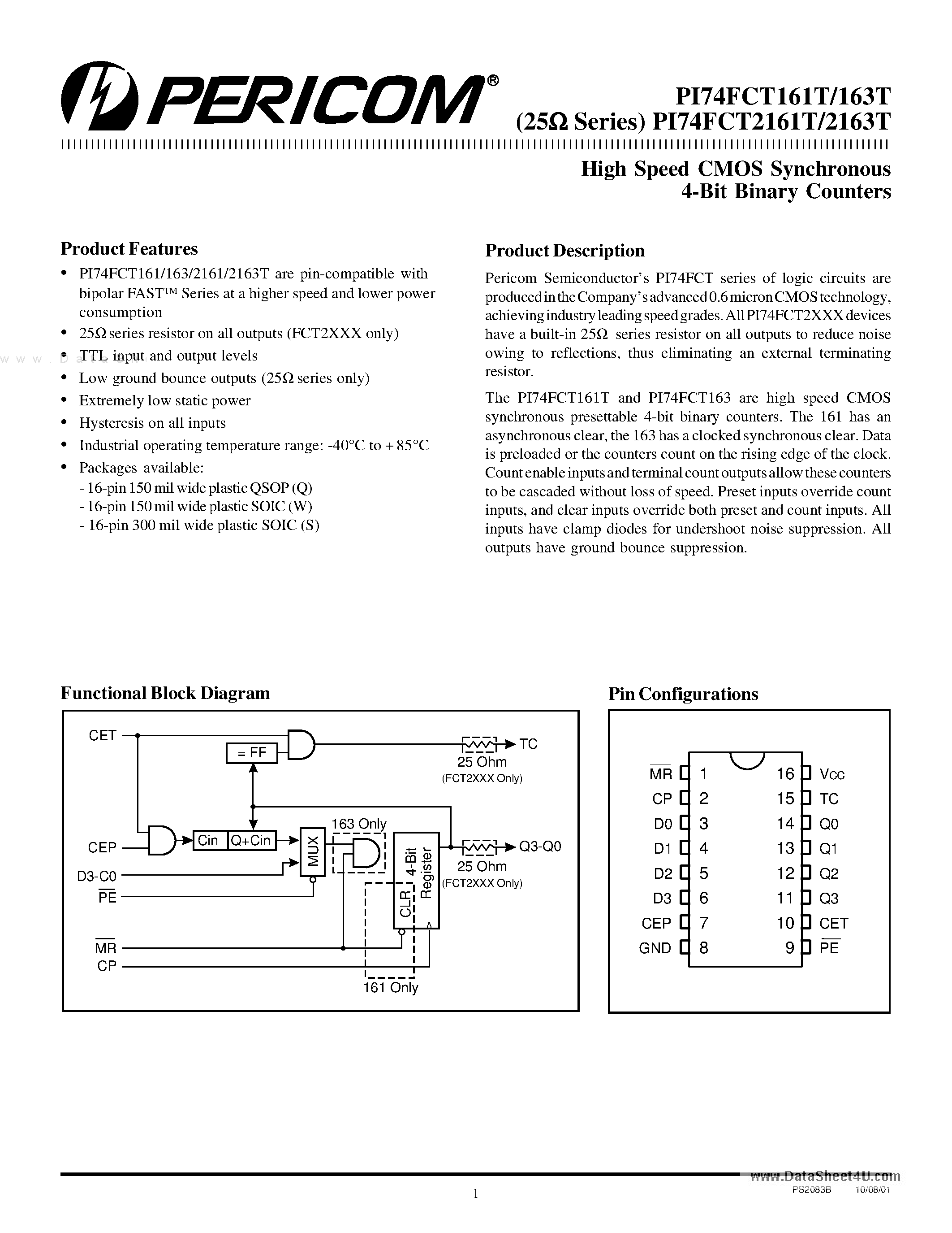 Datasheet PI74FCT161T - (PI74FCT2161T - PI74FCT2163T) High Speed CMOS Synchronous 4-bit Binary Counters page 1
