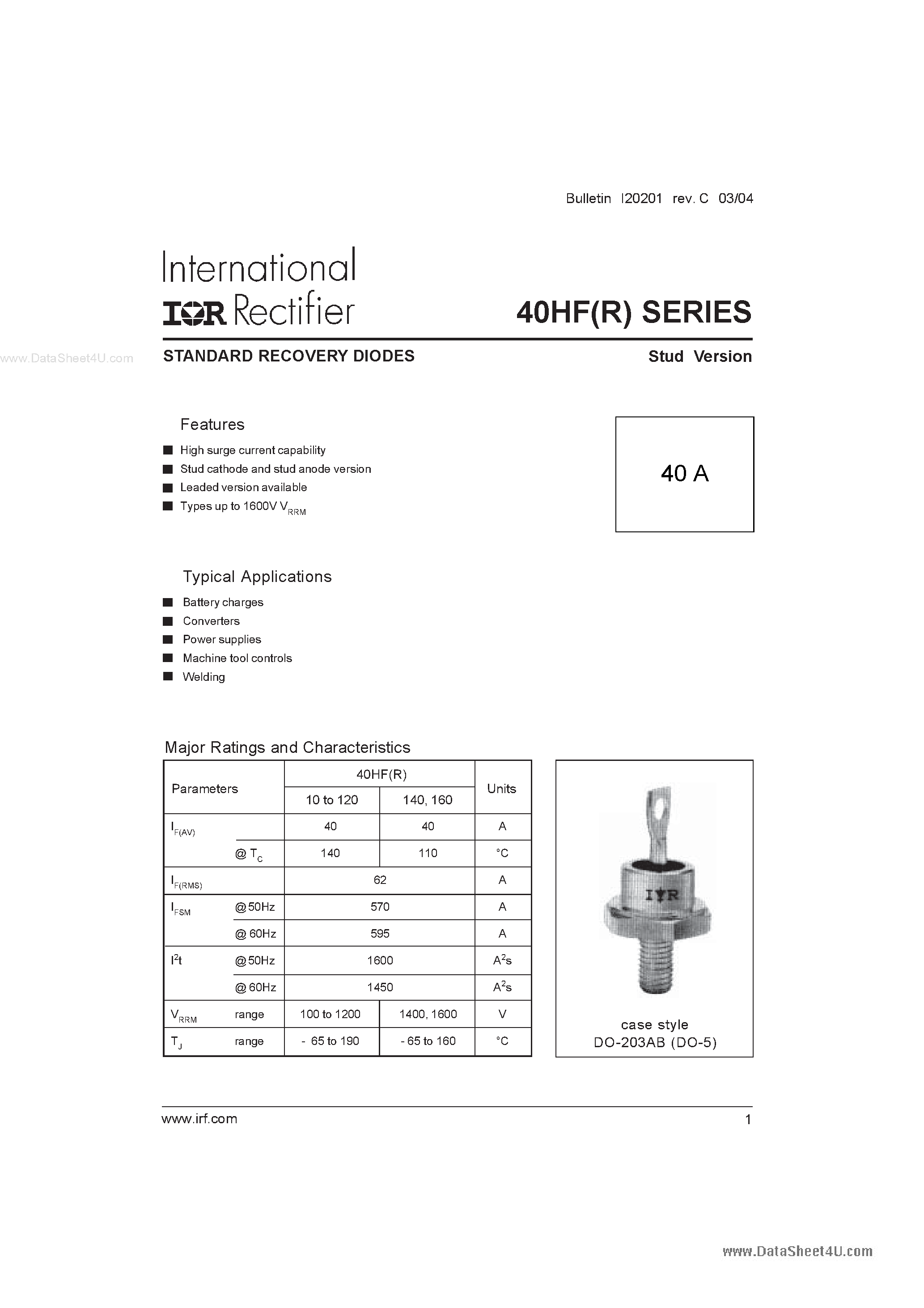 Даташит на микросхему 41HF страница 1 Даташит 41HF - STANDARD RECOVERY DIODES страница 1