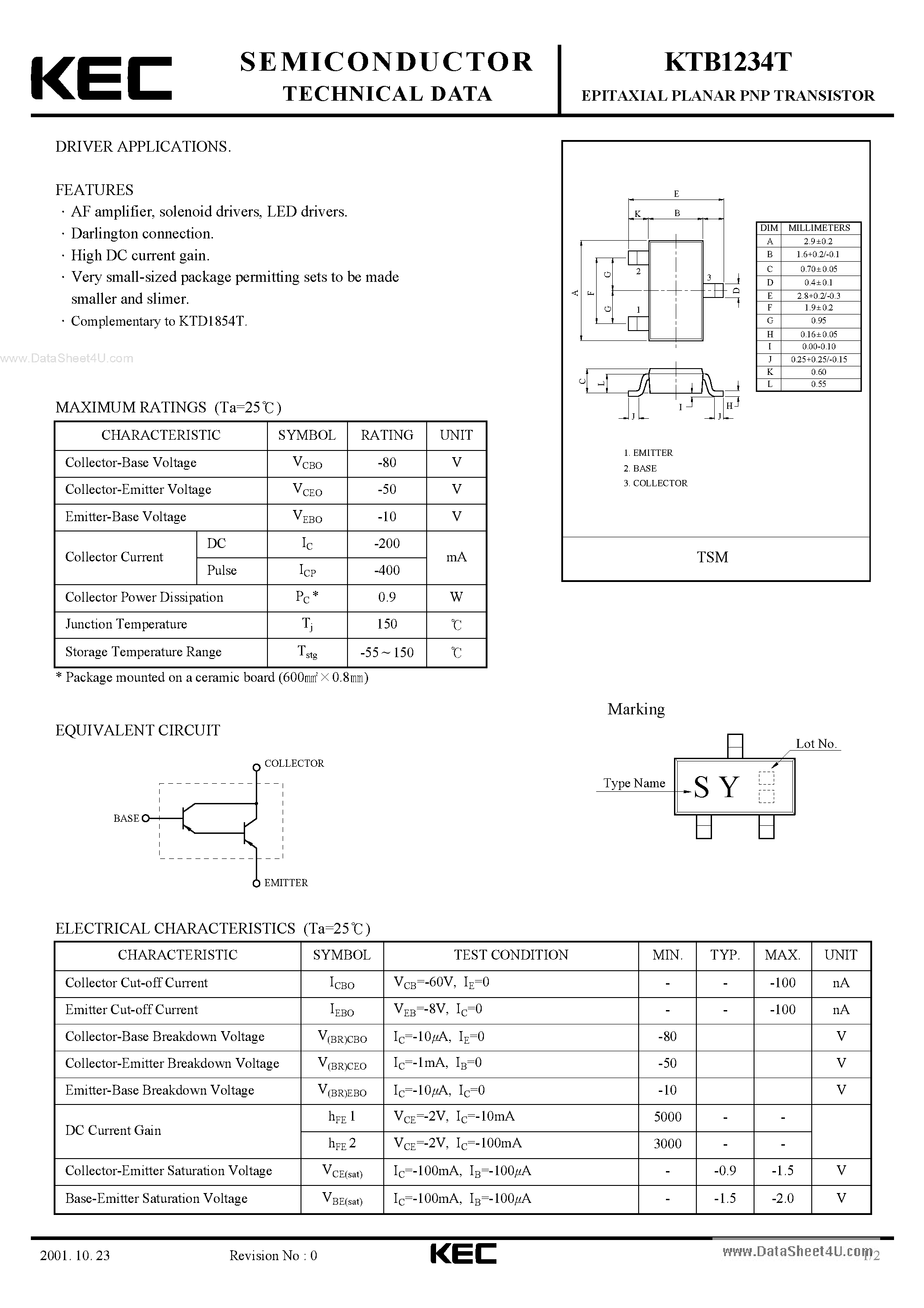 Datasheet KTB1234T - EPITAXIAL PLANAR PNP TRANSISTOR page 1