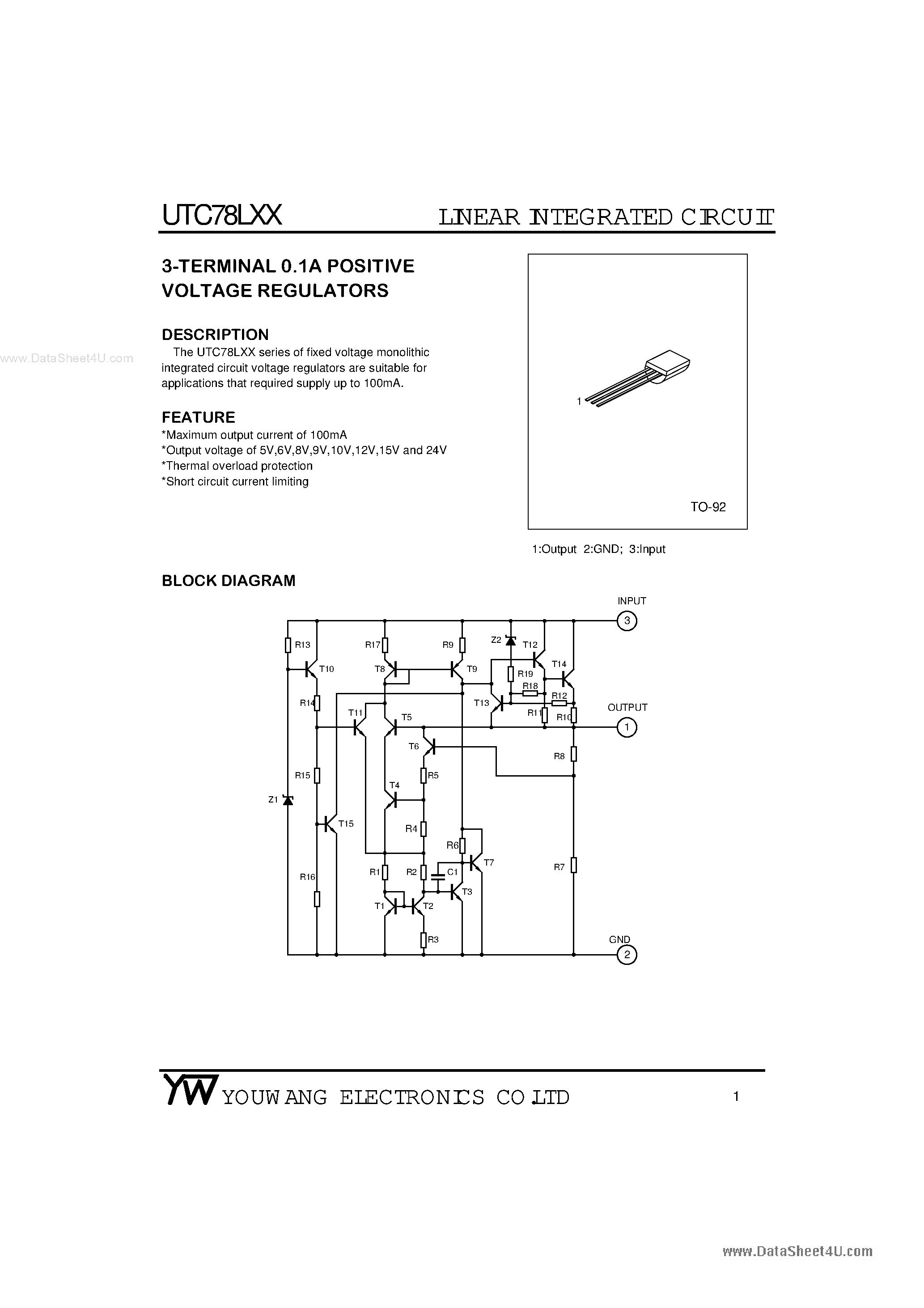 Datasheet UTC78LXX page 1 Datasheet UTC78LXX - 3-TERMINAL 0.1A POSITIVE VOLTAGE REGULATORS page 1