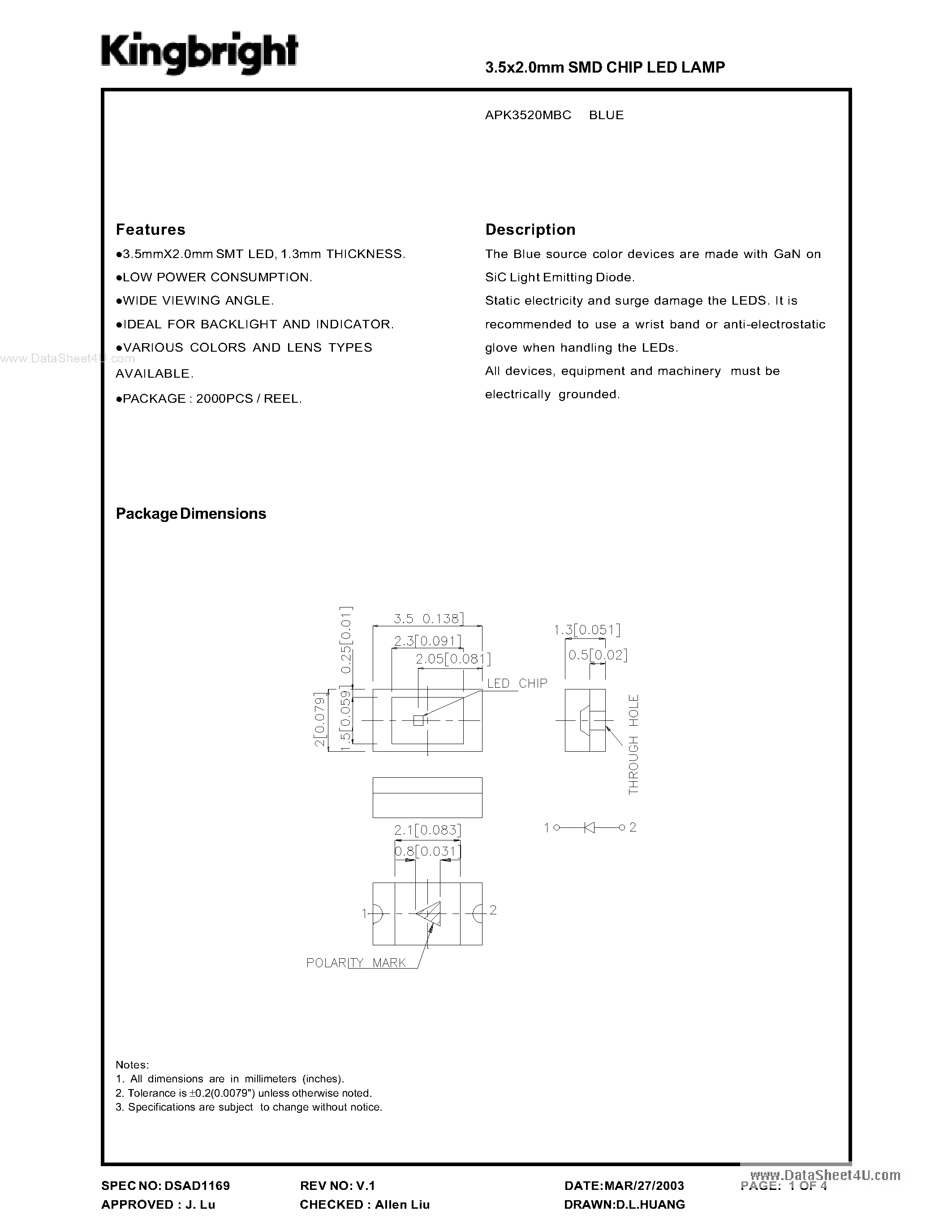 Datasheet APK3520MBC - 3.2x2.0mm SMD CHIP LED LAMP page 1