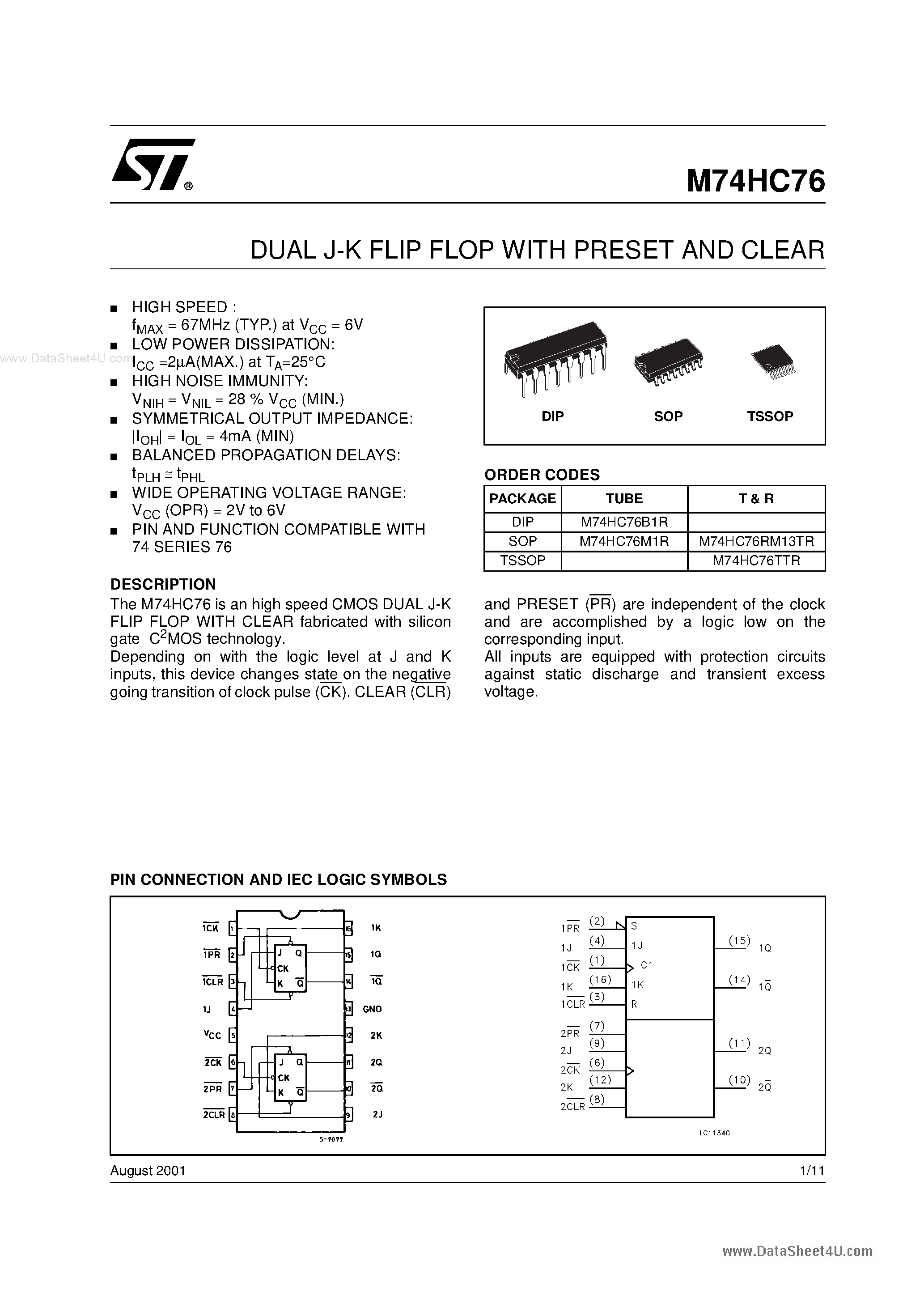 Datasheet 74HC76 page 1 Datasheet 74HC76 - DUAL J-K FLIP FLOP page 1