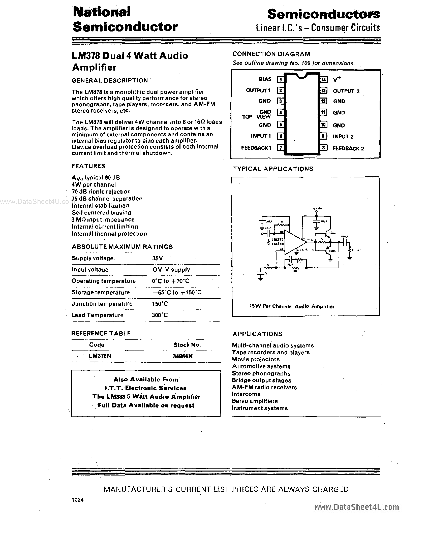 Datasheet LM378 - Dual 4W Audio Amplifier page 1