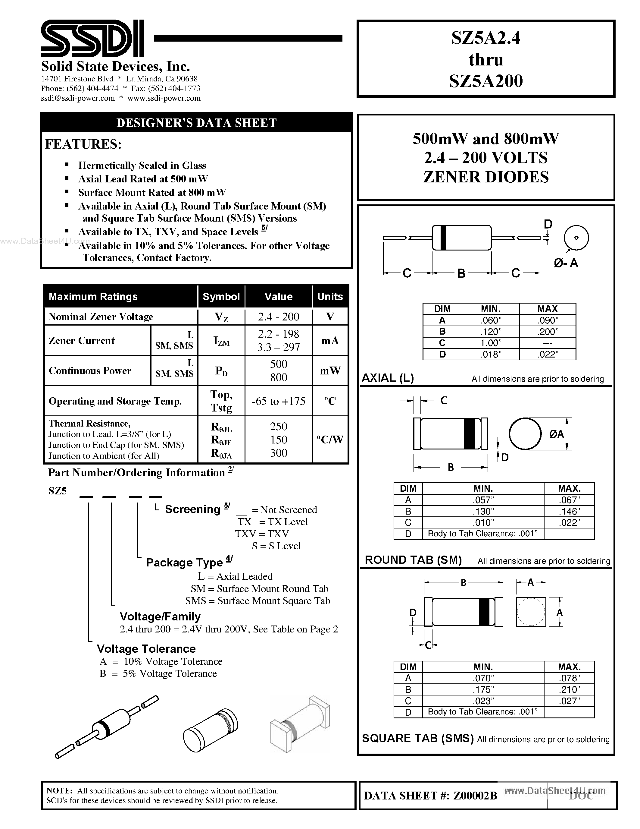 Даташит SZ5Axx - ZENER DIODES страница 1