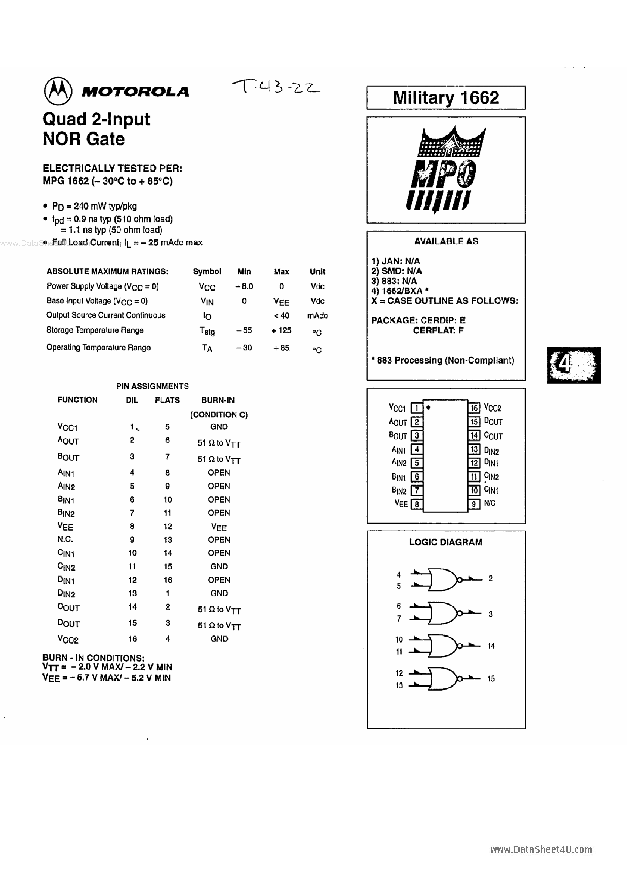 Datasheet MPG1662 - Quad 2-Input NOR Gate page 1