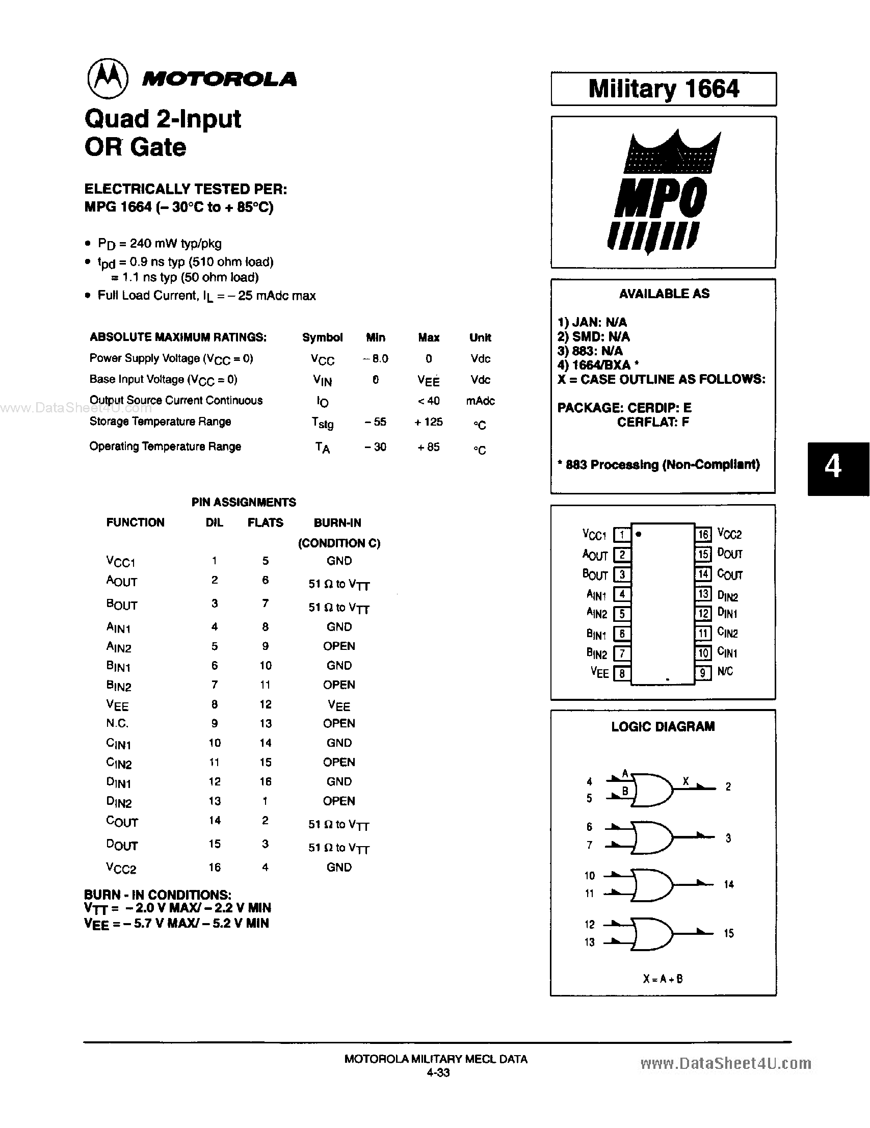 Datasheet MPG1664 - Quad 2-Input OR Gate page 1