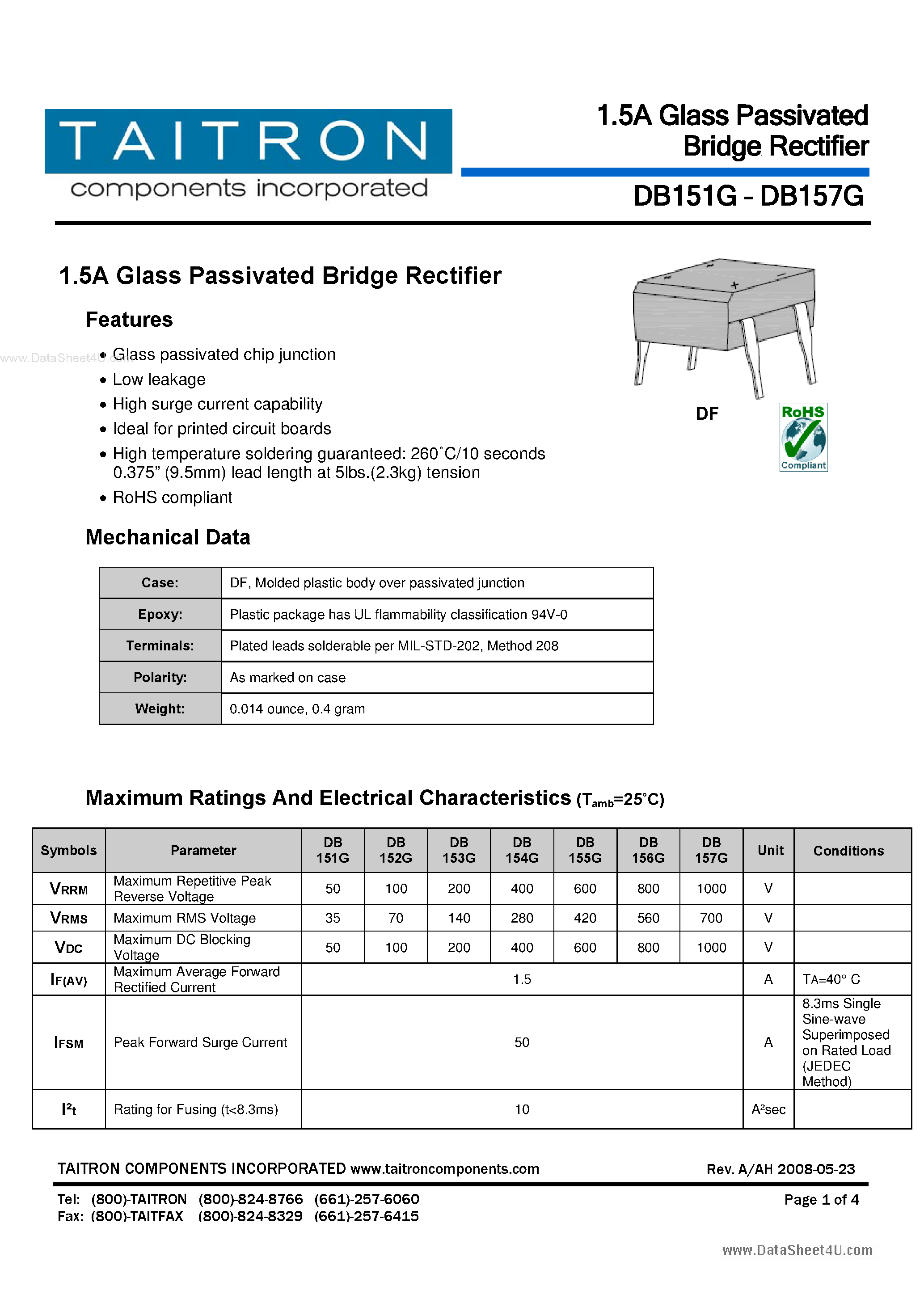 Datasheet DB151G - (DB151G - DB157G) 1.5A Glass Passivated Bridge Rectifier page 1