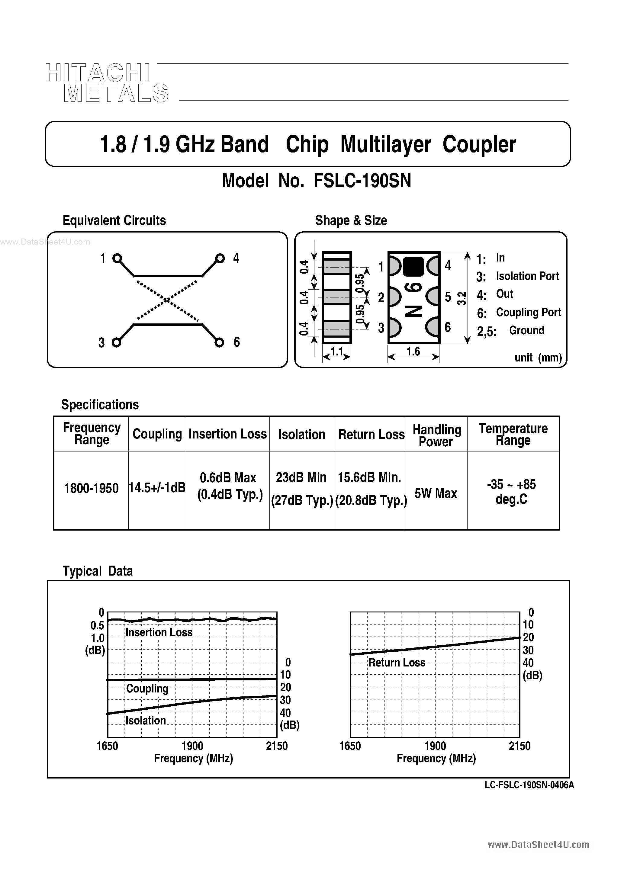 Даташит FSLC-190SN - 1.8 / 1.9 GHz Band Chip Multilayer Coupler страница 1