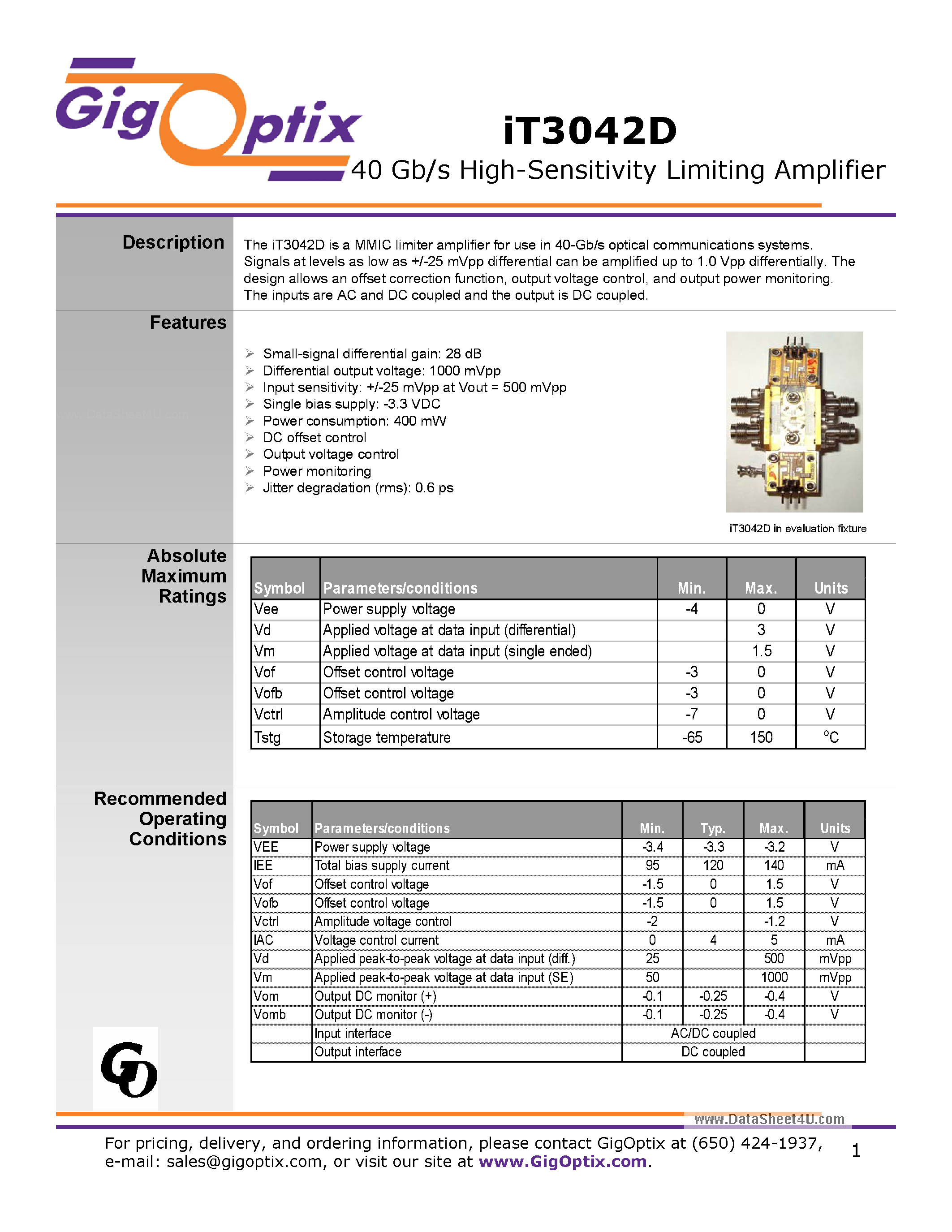 Datasheet iT3042D page 1 Datasheet iT3042D - 40 Gb/s high-sensitivity limiting amplifier page 1