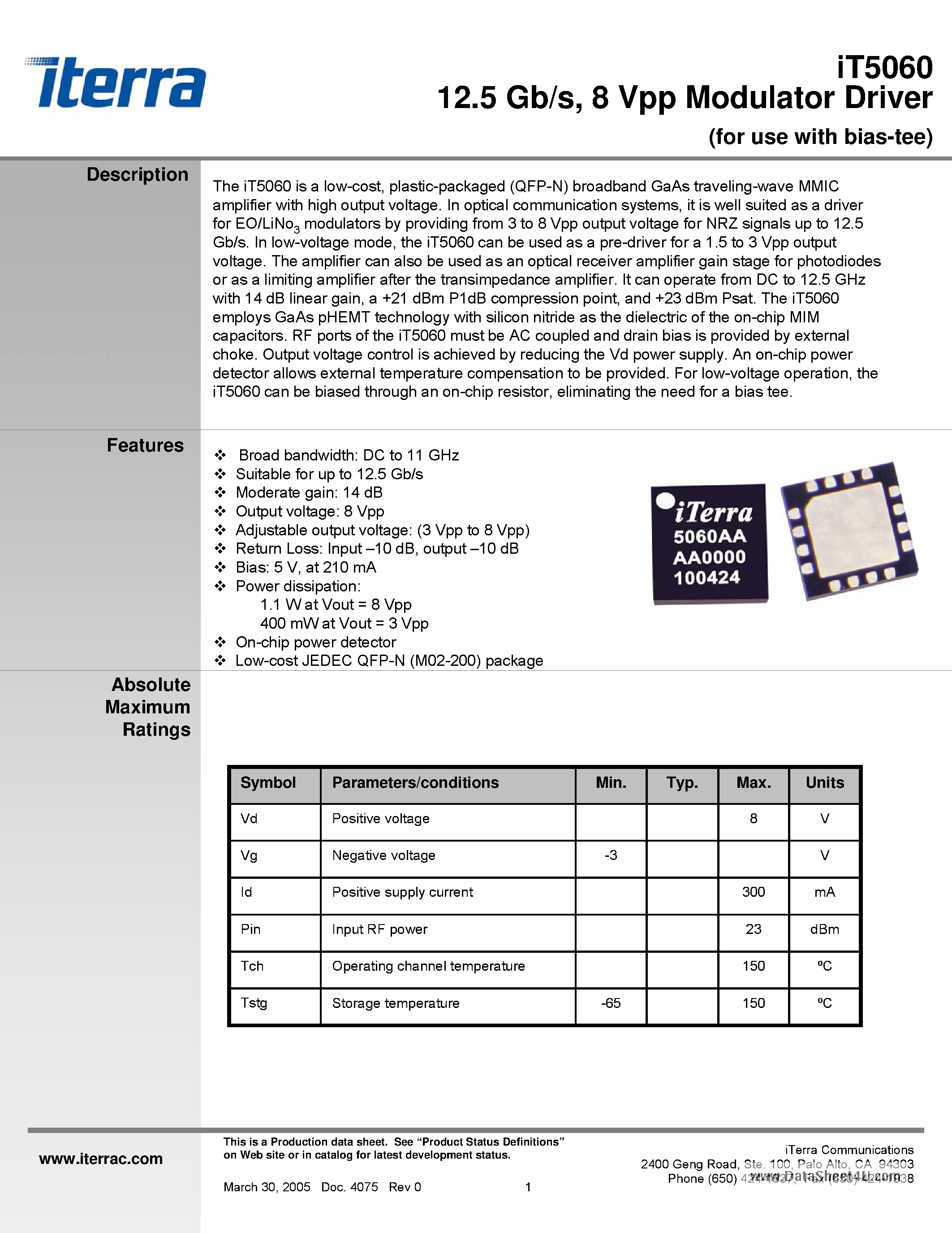 Datasheet iT5060 - 12.5 Gb/s modulator driver amplifier page 1