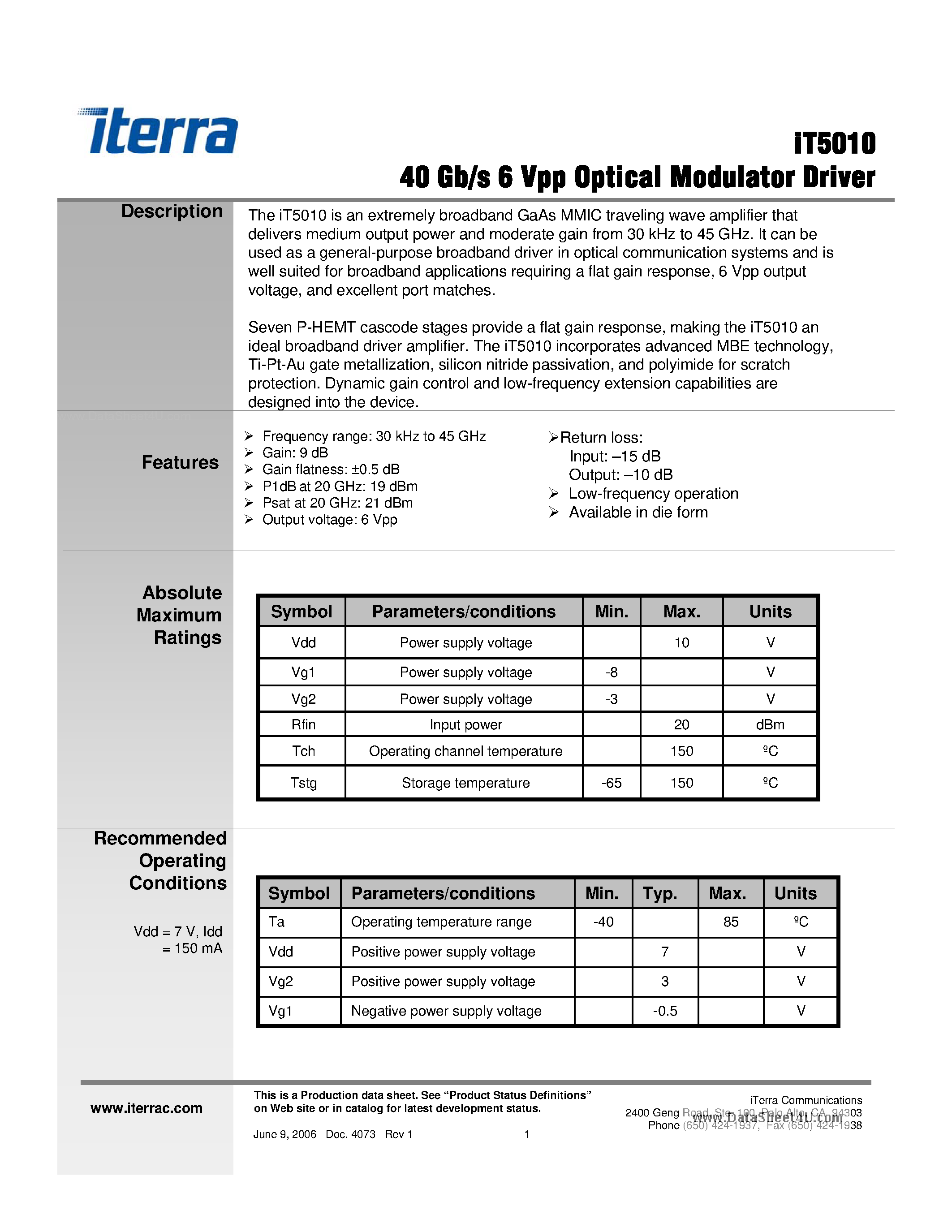 Datasheet iT5010 - 40 Gb/s optical modulator driver page 1
