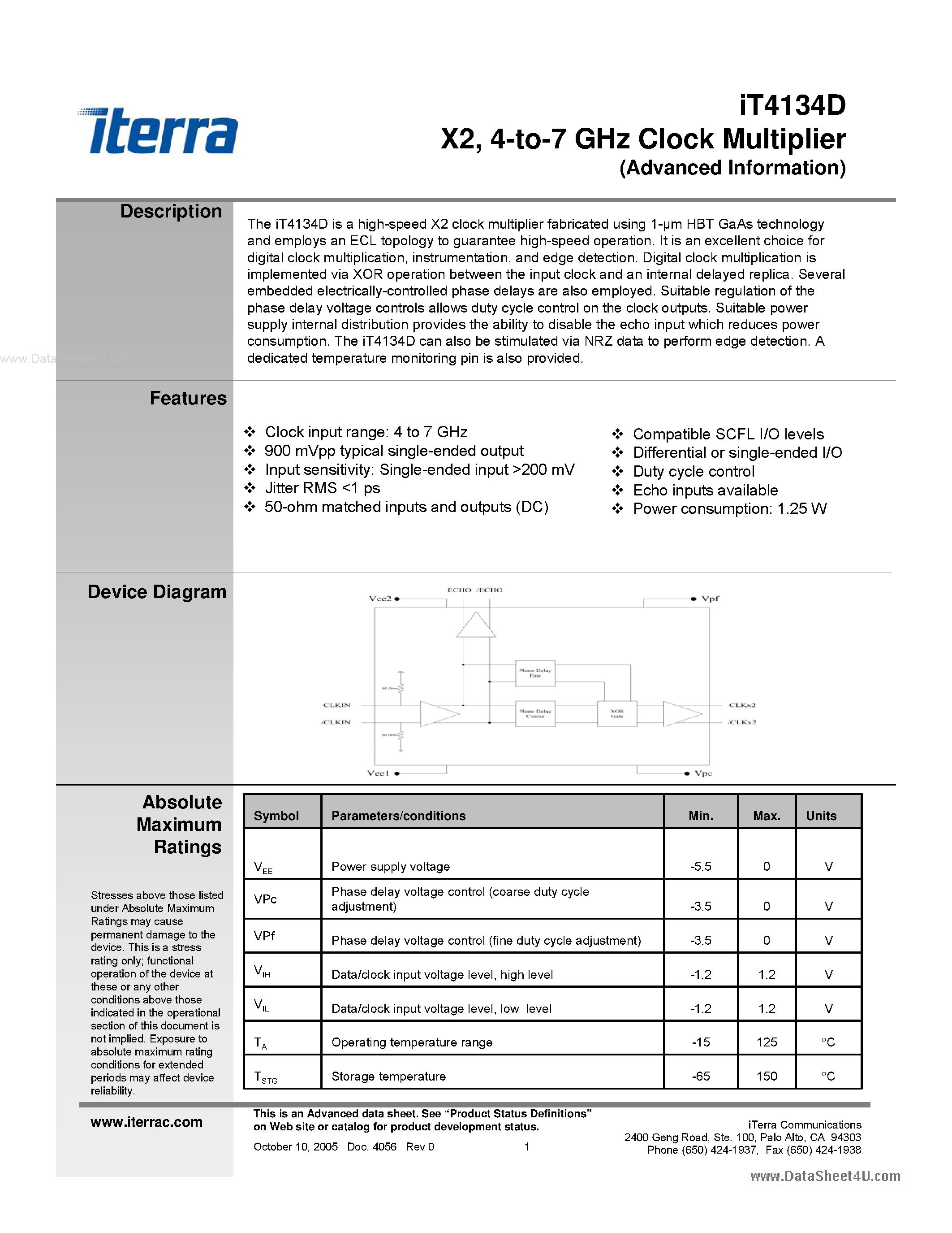 Datasheet iT4134D - 2 to 4 GHz clock multiplier page 1