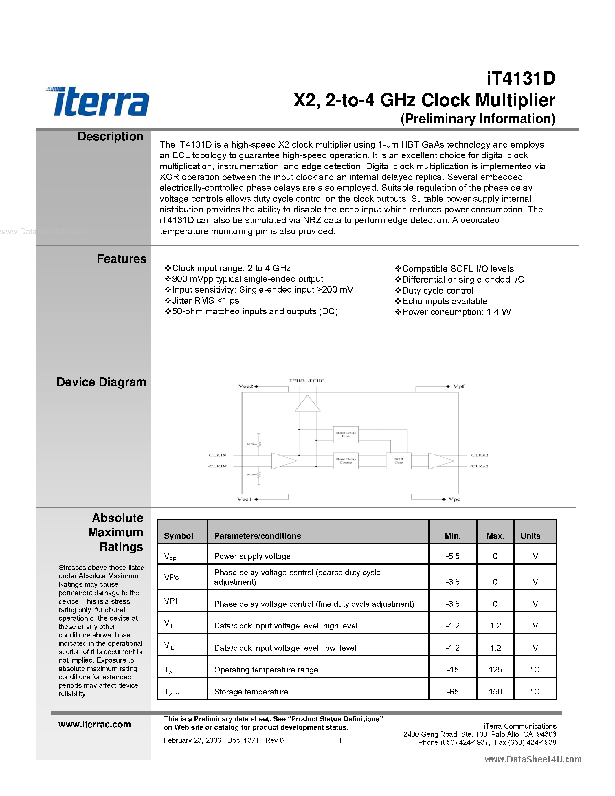 Datasheet iT4131D - 2 to 4 GHz clock multiplier page 1