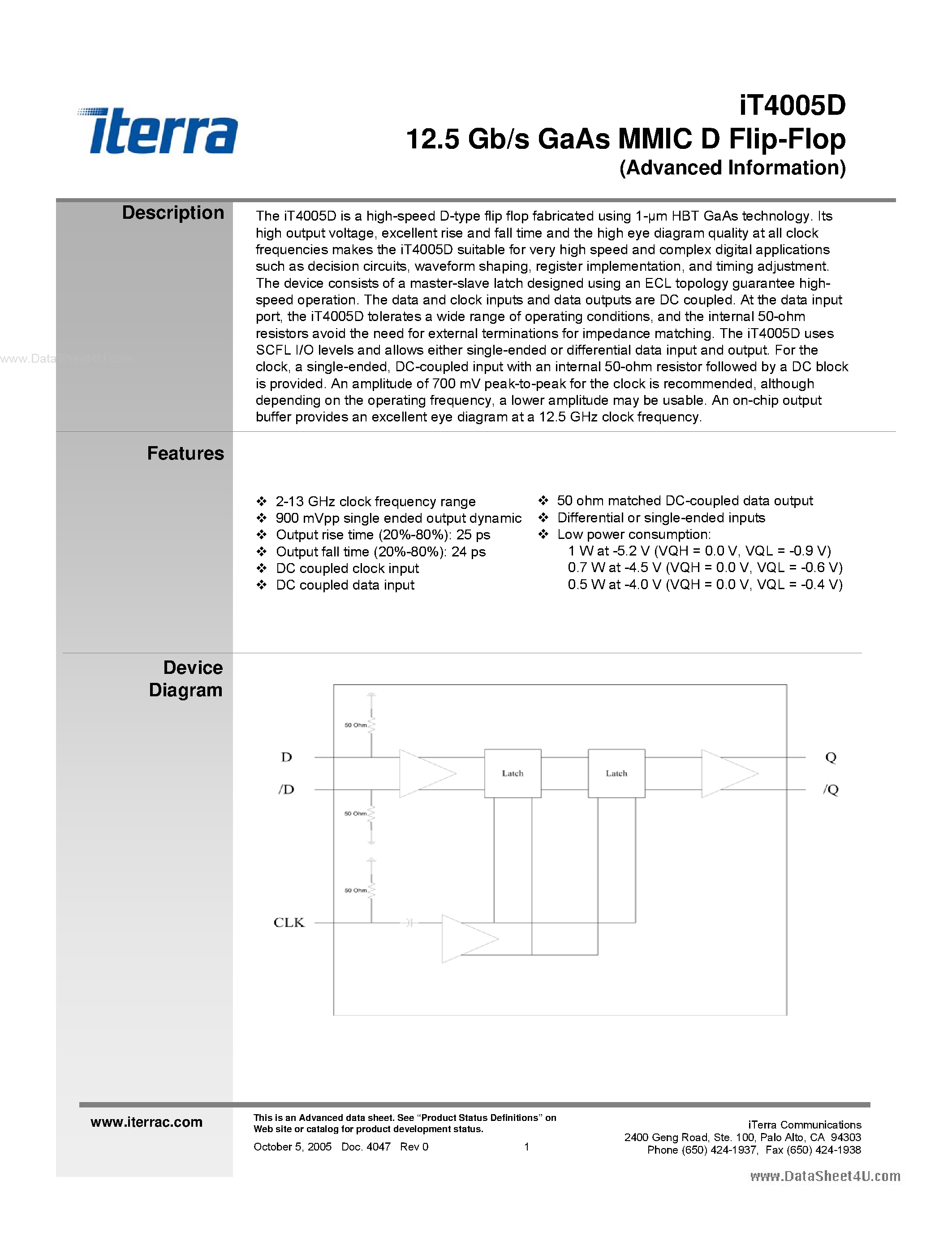 Datasheet iT4005D page 1 Datasheet iT4005D - 12-Gb/s GaAs MMIC D flip-flop page 1
