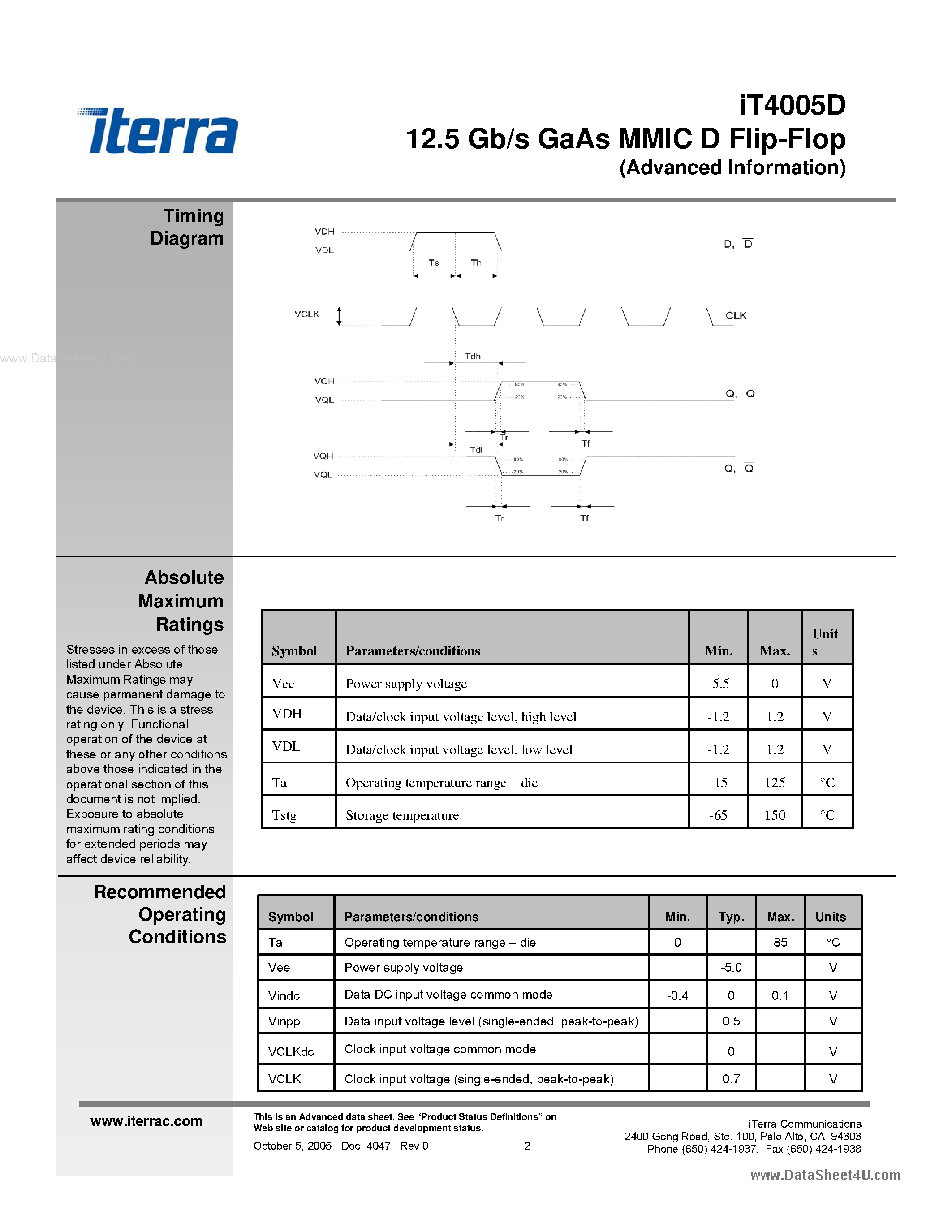 Datasheet iT4005D page 2 Datasheet iT4005D - 12-Gb/s GaAs MMIC D flip-flop page 2