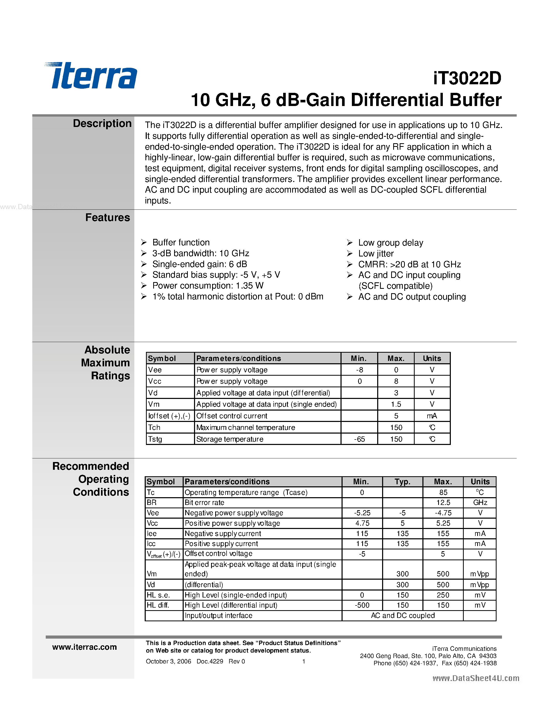 Datasheet iT3022D - 10-GHz 6-dB-gain differential buffer page 1