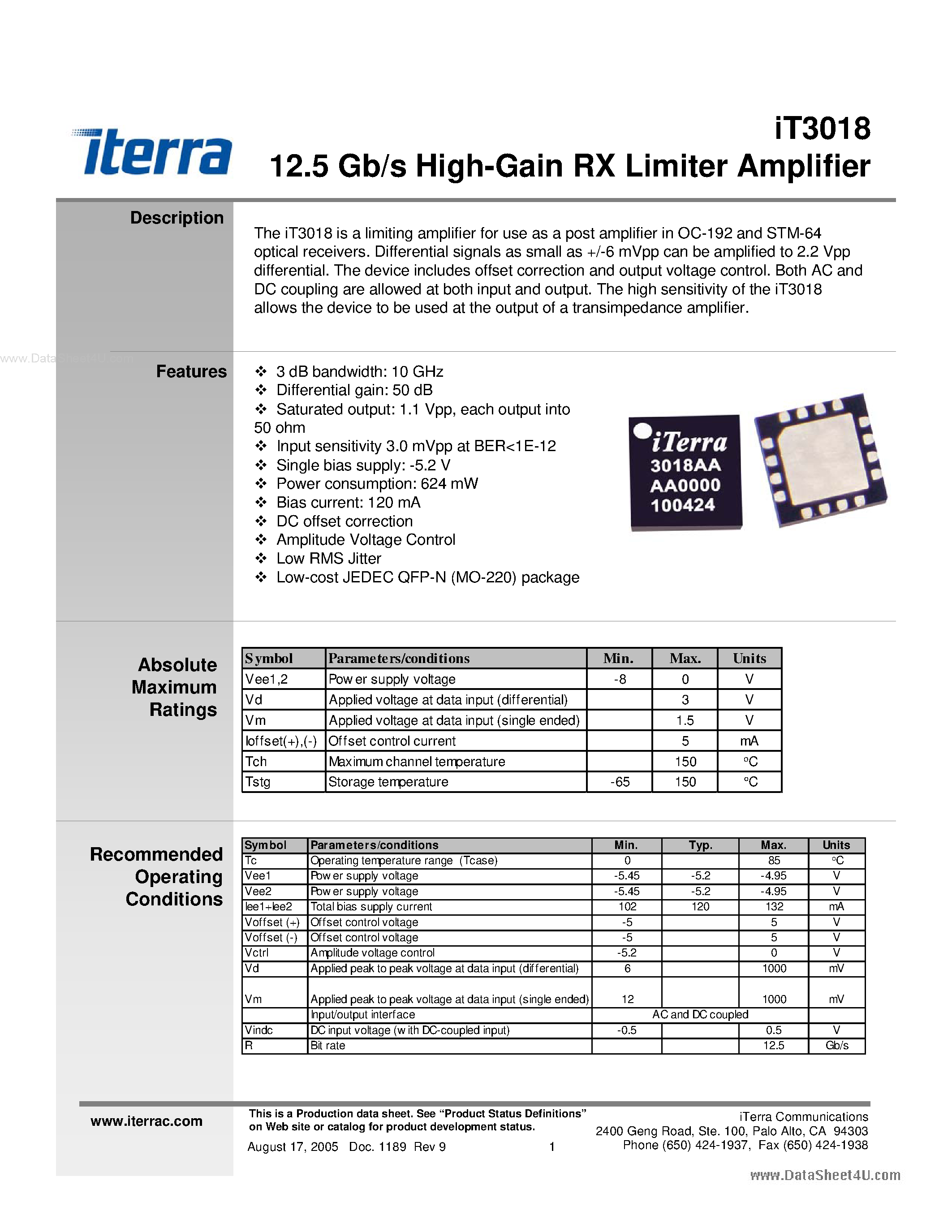 Datasheet iT3018 page 1 Datasheet iT3018 - 12.5 Gb/s high-gain receive limiter amplifier page 1