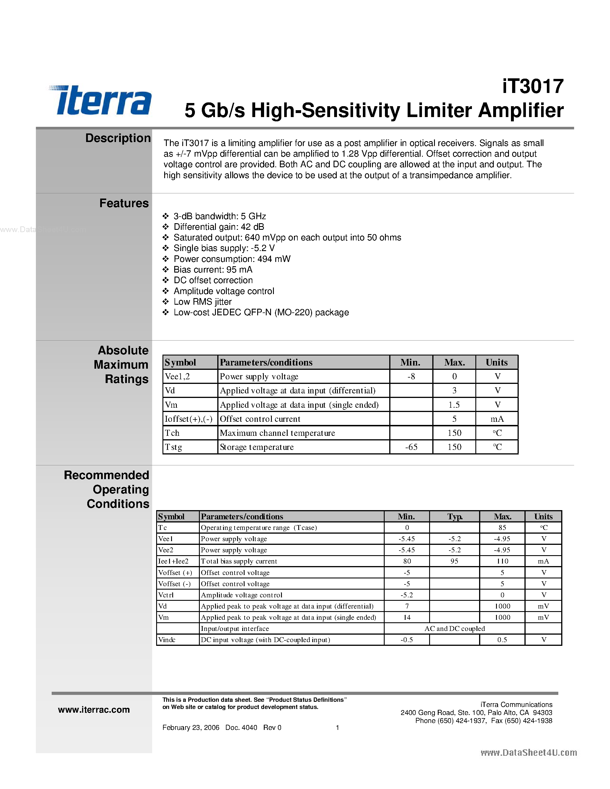 Datasheet iT3017 - 5-Gb/s high-sensitivity limiter amplifier page 1