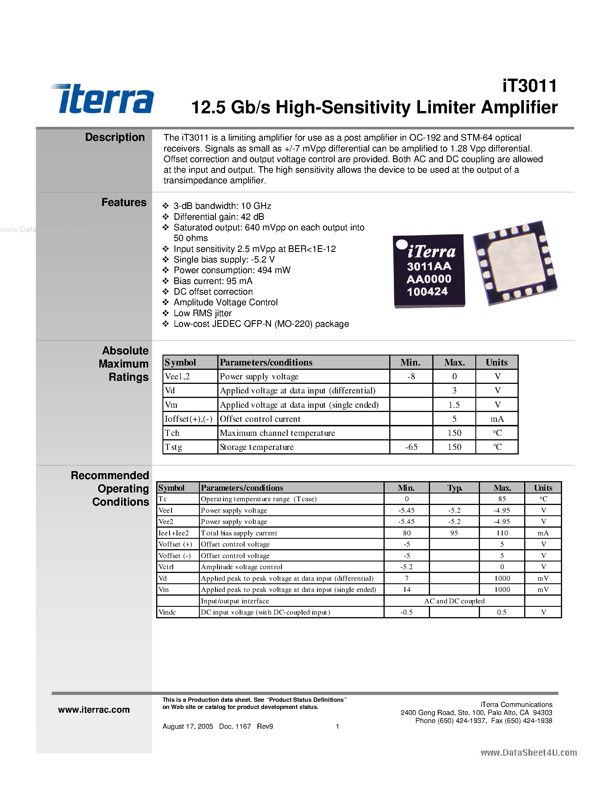 Даташит iT3011 - 12.5-Gb/s high-sensitivity limiter amplifier страница 1