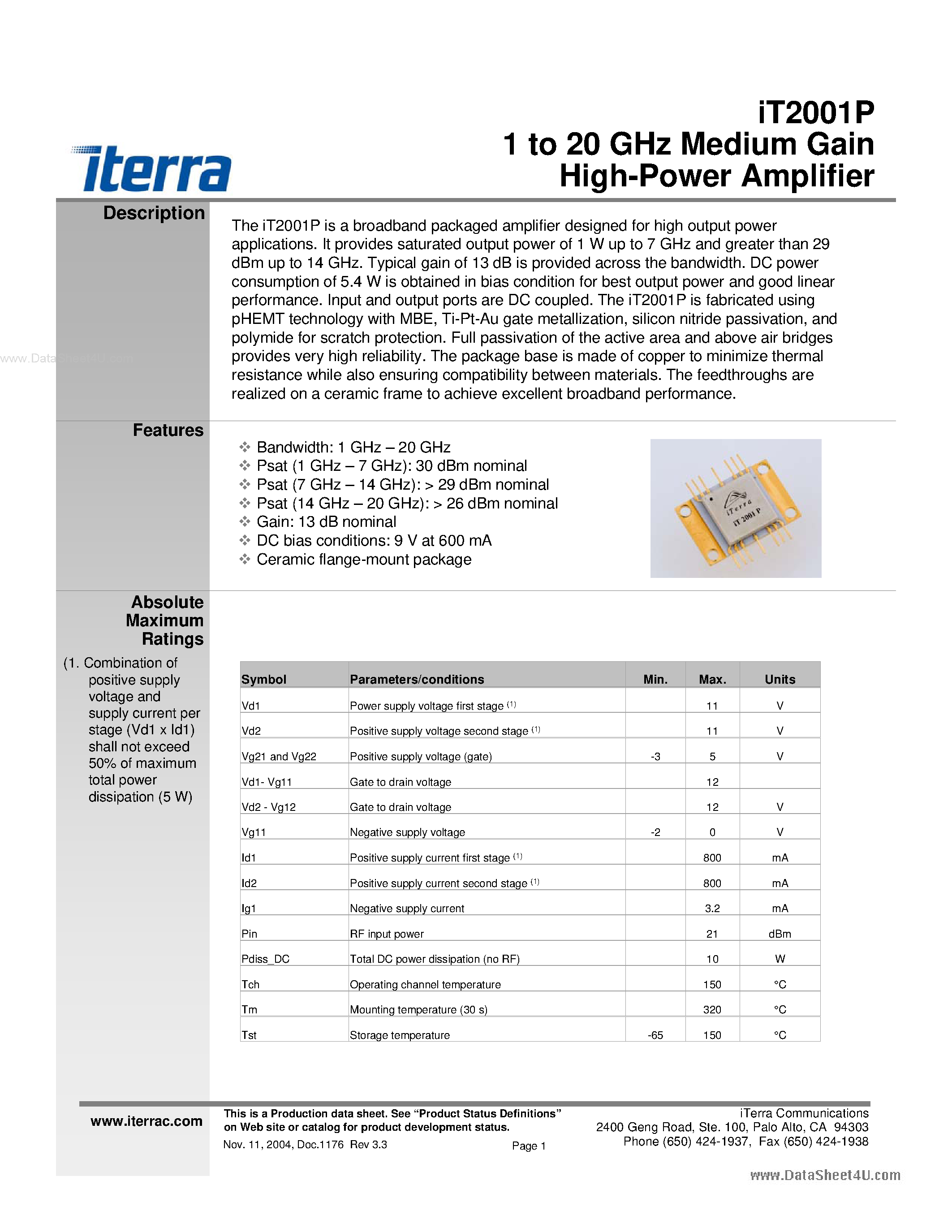 Даташит на микросхему iT2001P страница 1 Даташит iT2001P - 1 to 20 GHz medium gain high-power amplifier страница 1