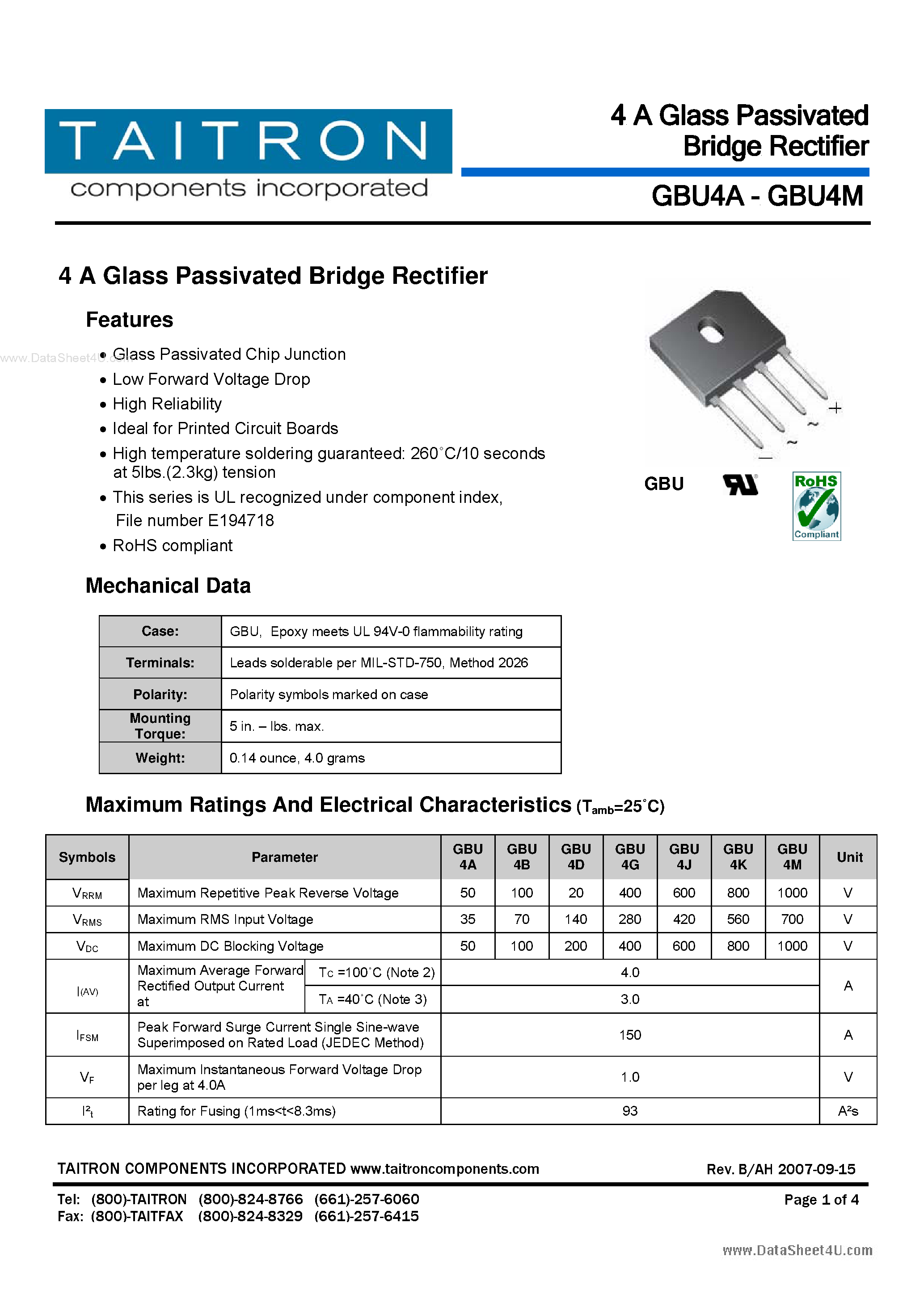 Datasheet GBU4A - (GBU4x) 4 A Glass Passivated Bridge Rectifier page 1