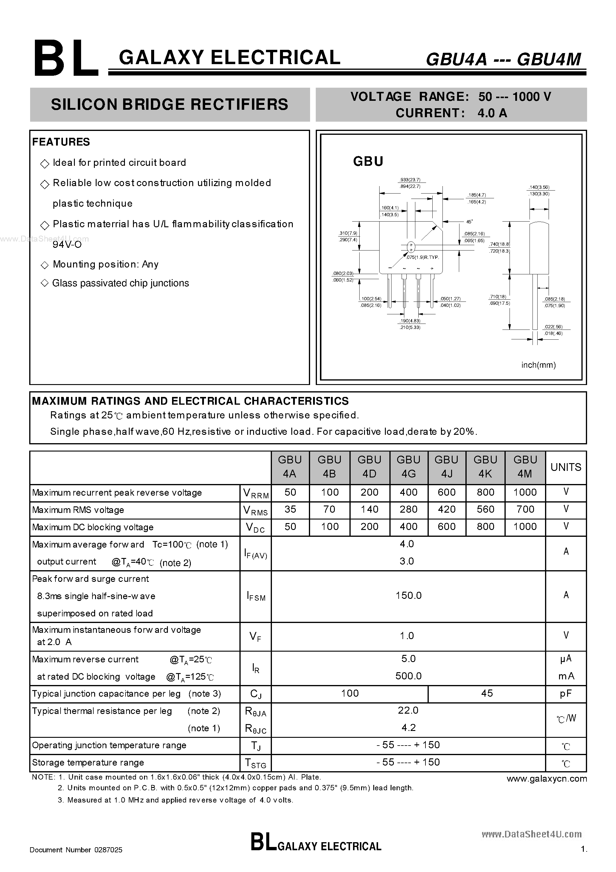 Datasheet GBU4A page 1 Datasheet GBU4A - (GBU4x) SILICON BRIDGE RECTIFIERS page 1