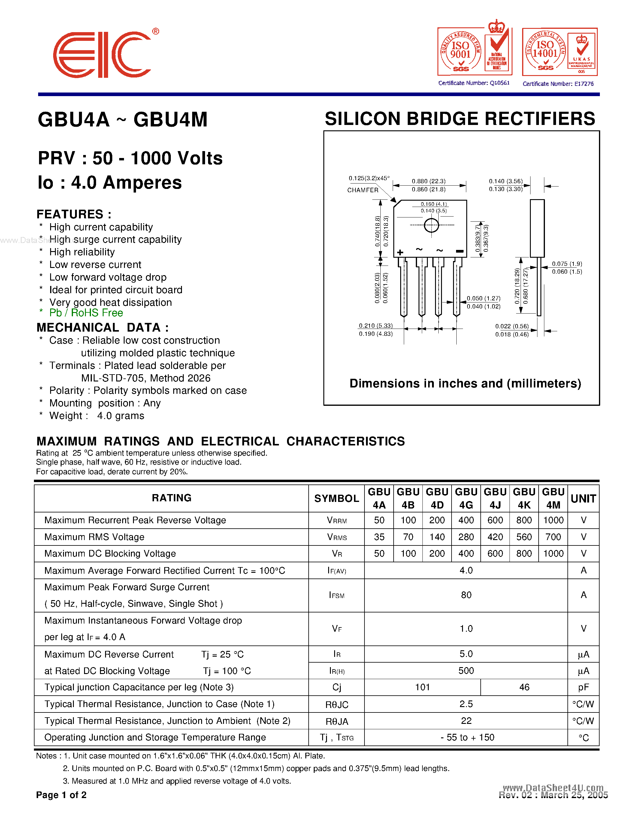 Datasheet GBU4A - (GBU4x) SILICON BRIDGE RECTIFIERS page 1