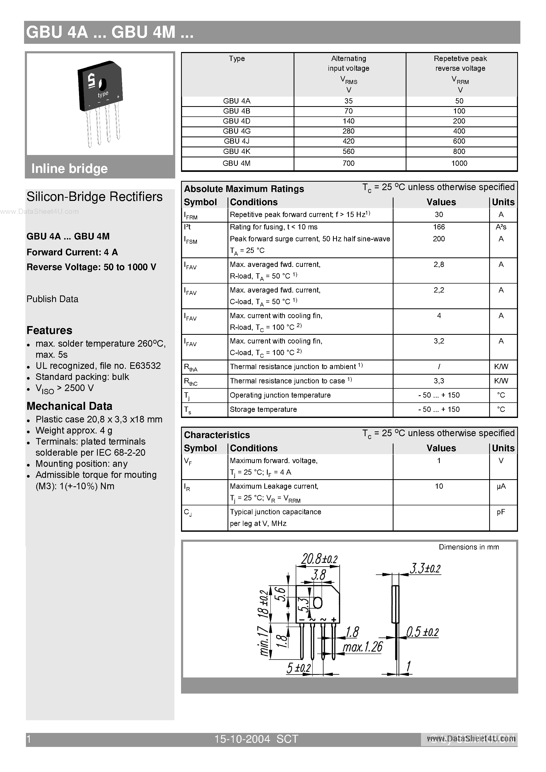 Datasheet GBU4A page 1 Datasheet GBU4A - (GBU4x) Silicon-Bridge Rectifiers page 1