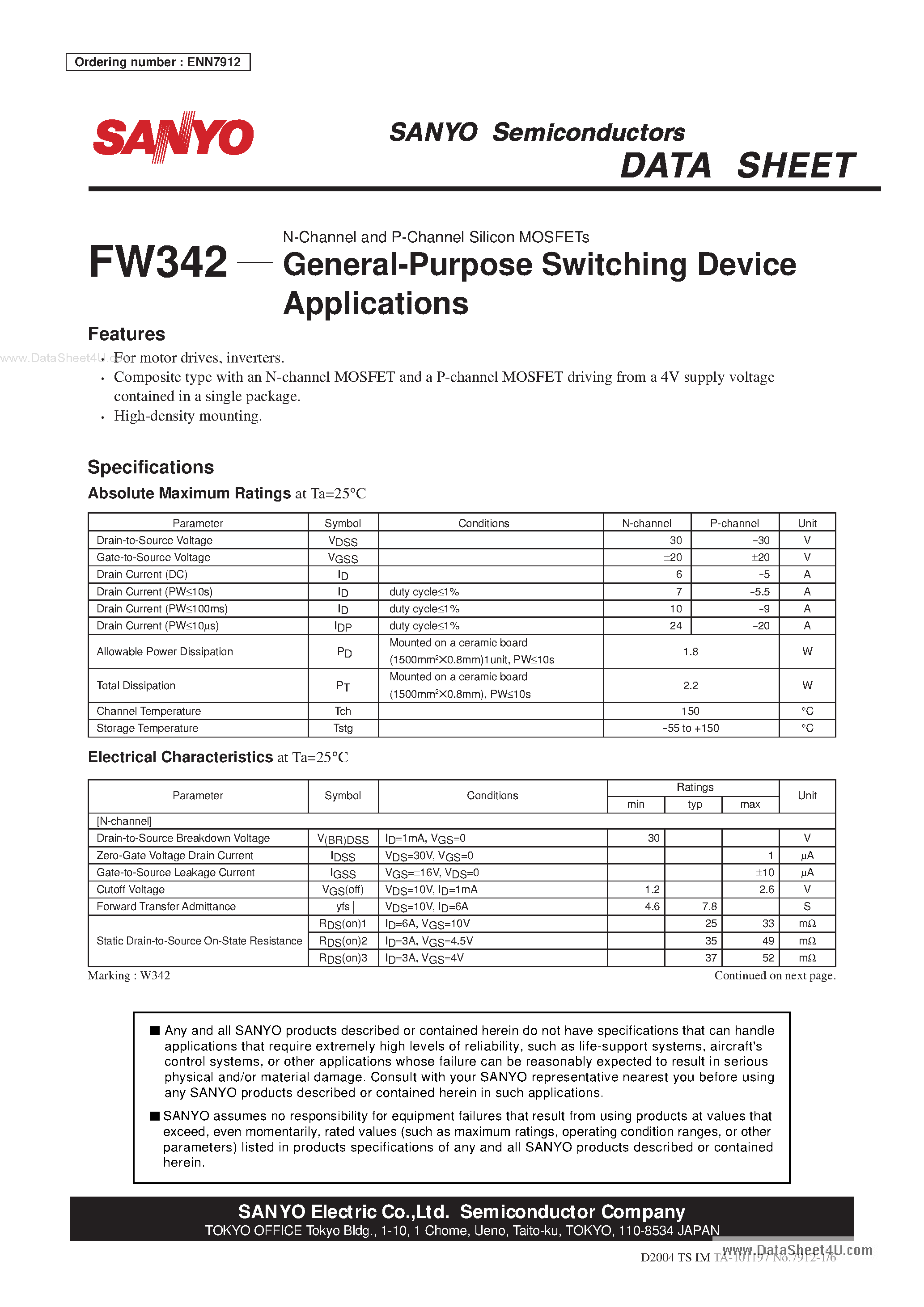 Даташит на микросхему FW342 страница 1 Даташит FW342 - General-Purpose Switching Device страница 1