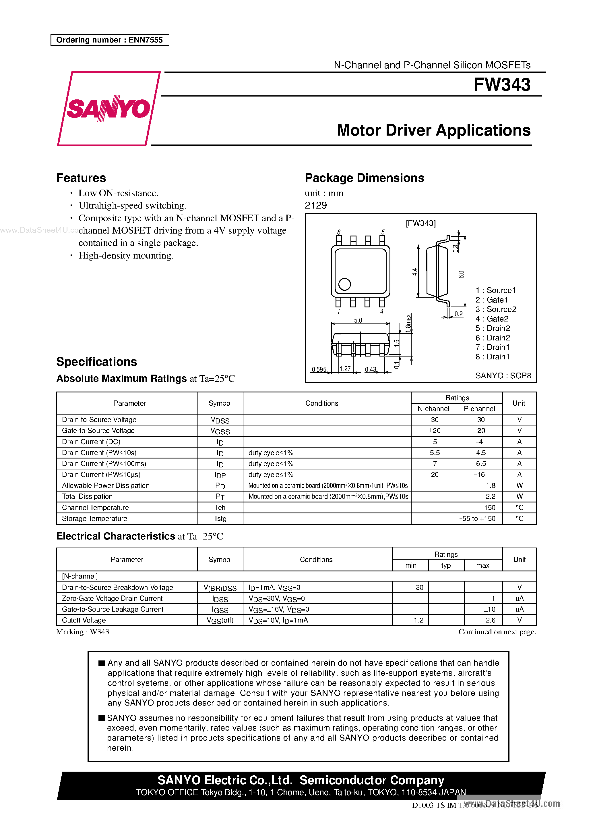 Даташит на микросхему FW343 страница 1 Даташит FW343 - General-Purpose Switching Device страница 1