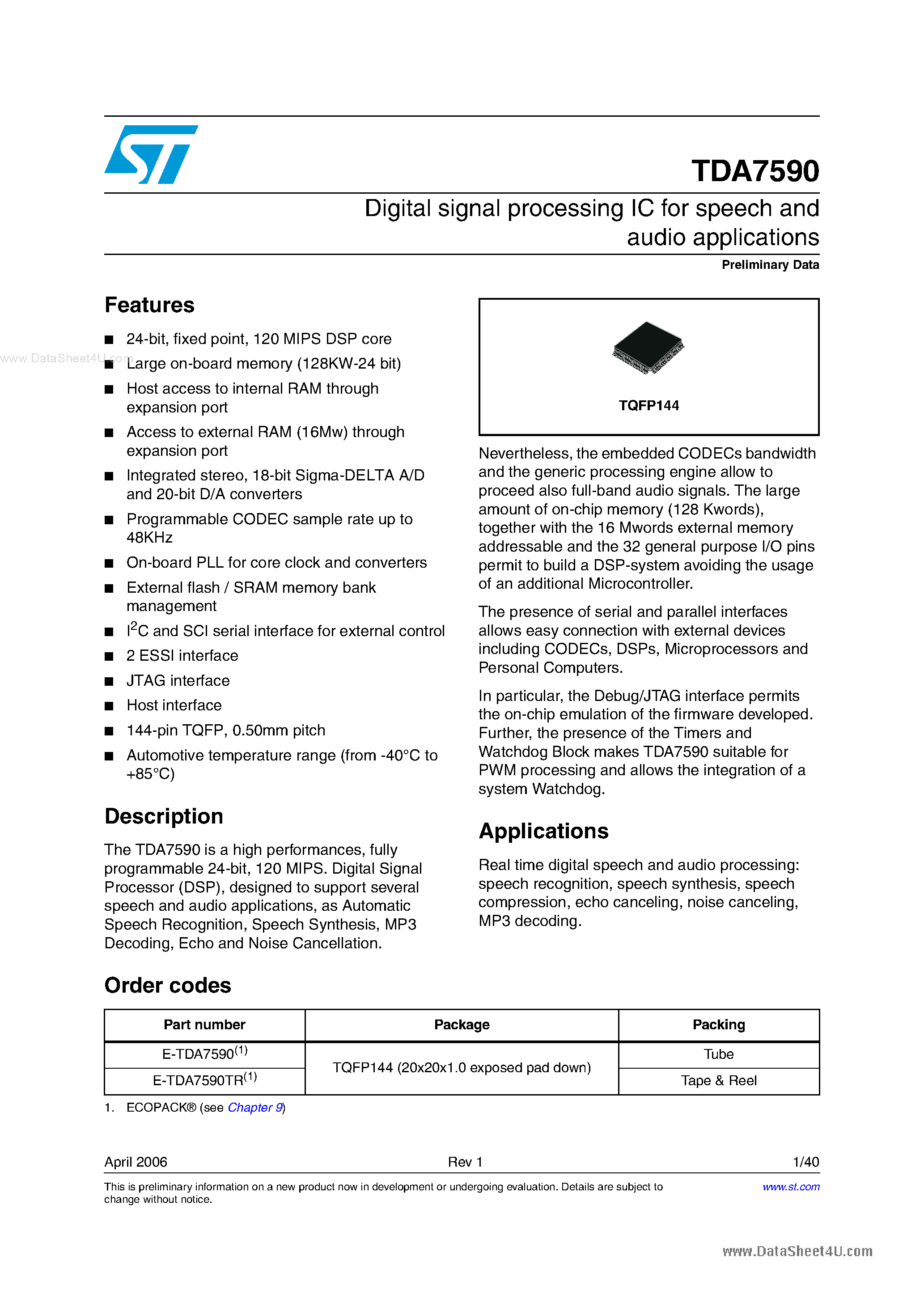 Datasheet TDA7590 - Digital signal processing IC page 1