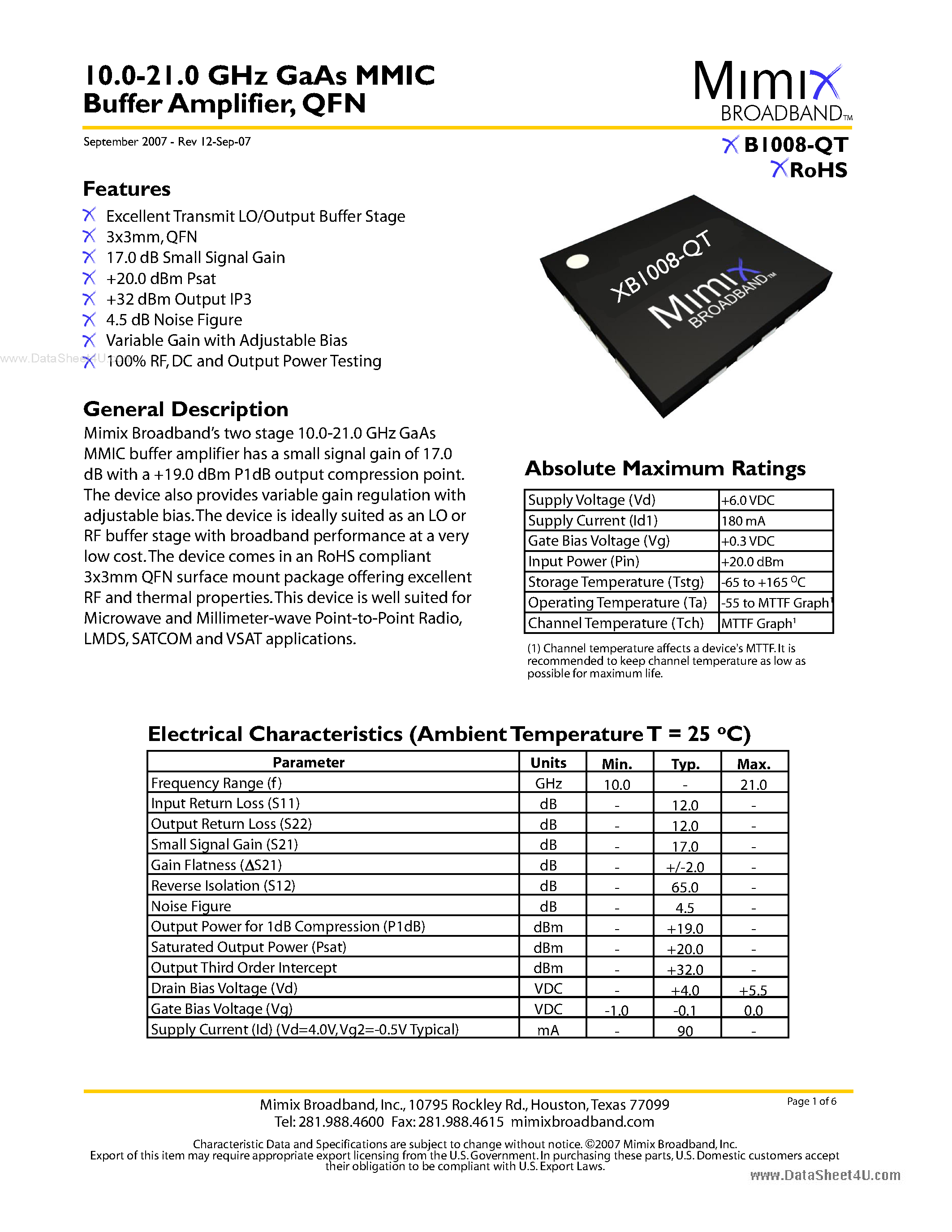 Datasheet XB1008-QT - 10.0-21.0 GHz GaAs MMIC Buffer Amplifier page 1